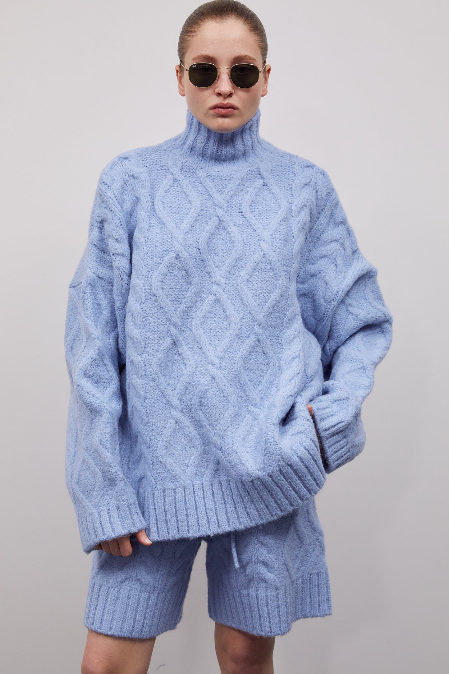 Cable-Knit Turtleneck Sweater And Shorts Set, Sky Blue