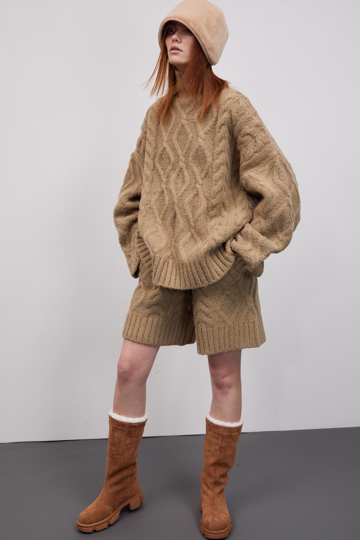 Cable-Knit Turtleneck Sweater And Shorts Set, Latte