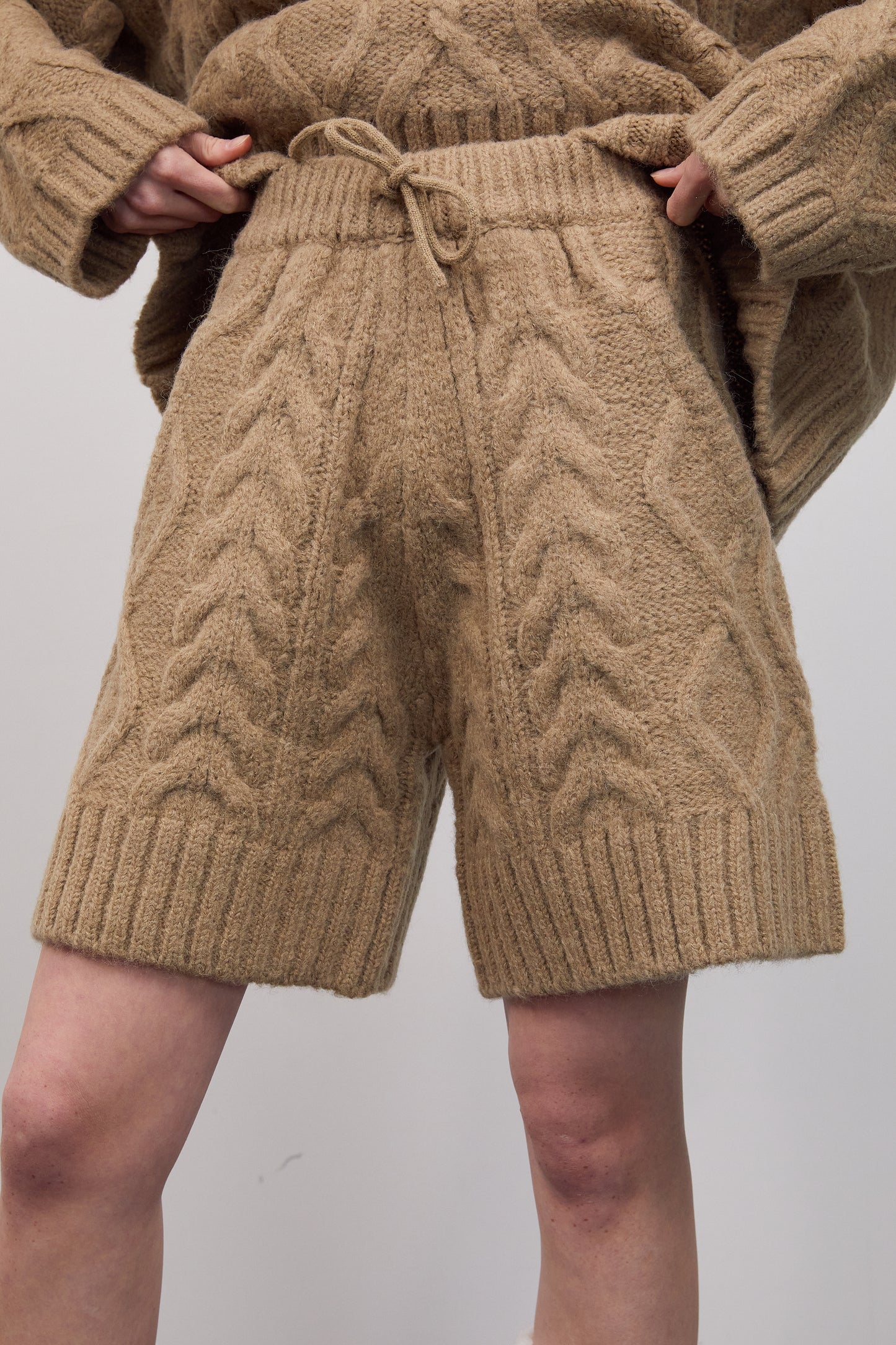 Cable-Knit Turtleneck Sweater And Shorts Set, Latte