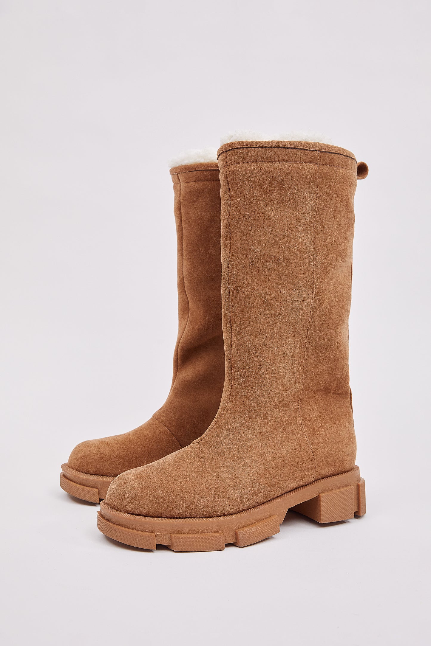 Faux Suede Shearling Platform Boots, Brown