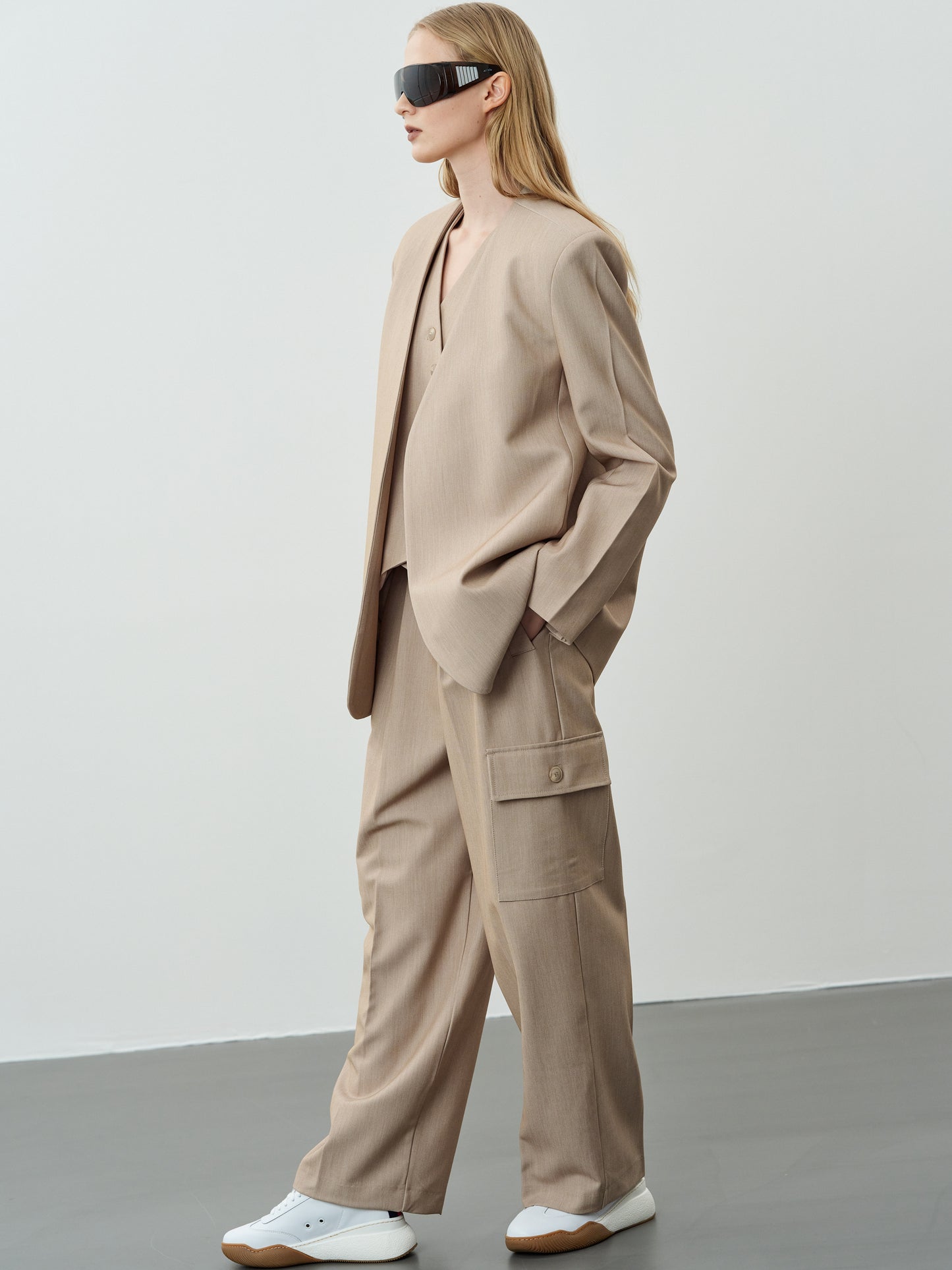 Collarless Open Front Suit Blazer, Wheat