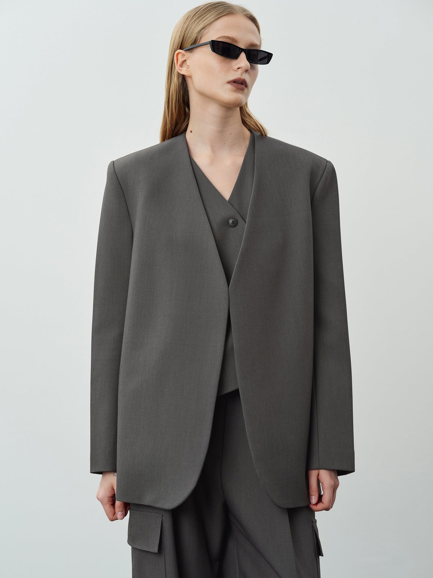 Collarless Open Front Suit Blazer, Charcoal