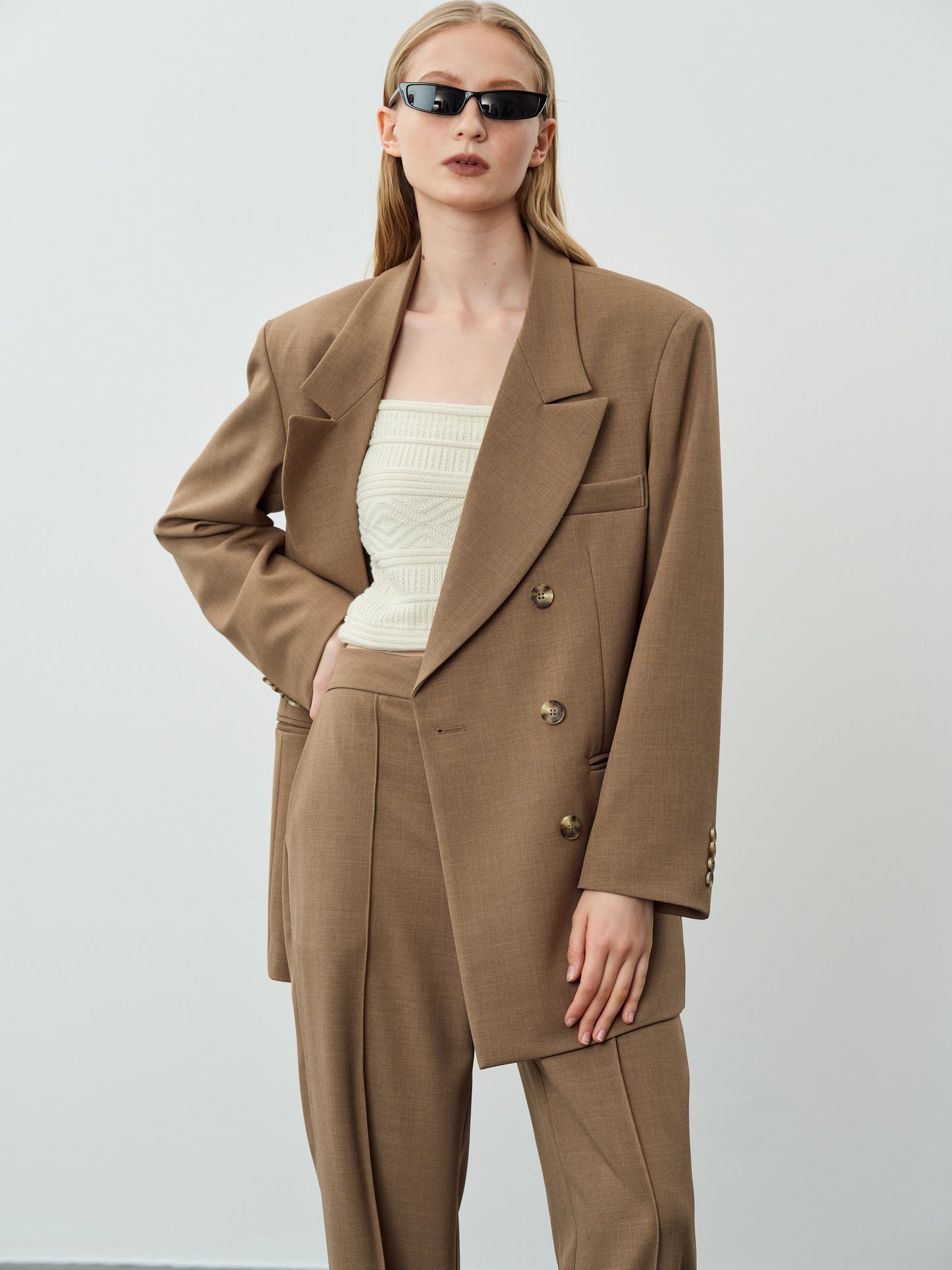 Double Breasted Suit Blazer, Taupe Melange