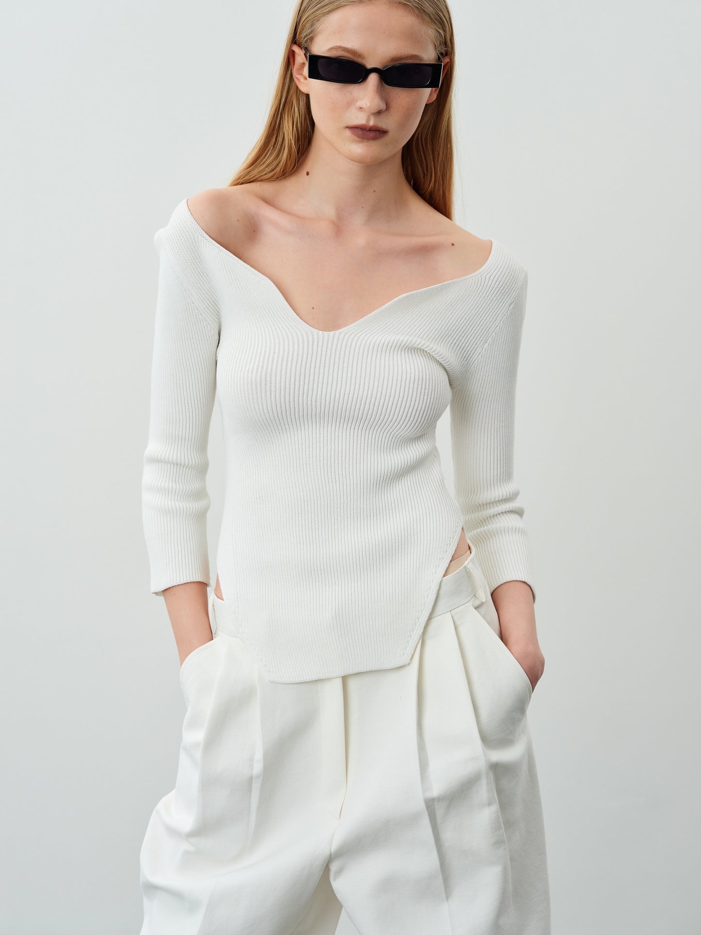 Deep Sweetheart Neckline Ribbed Knit, White