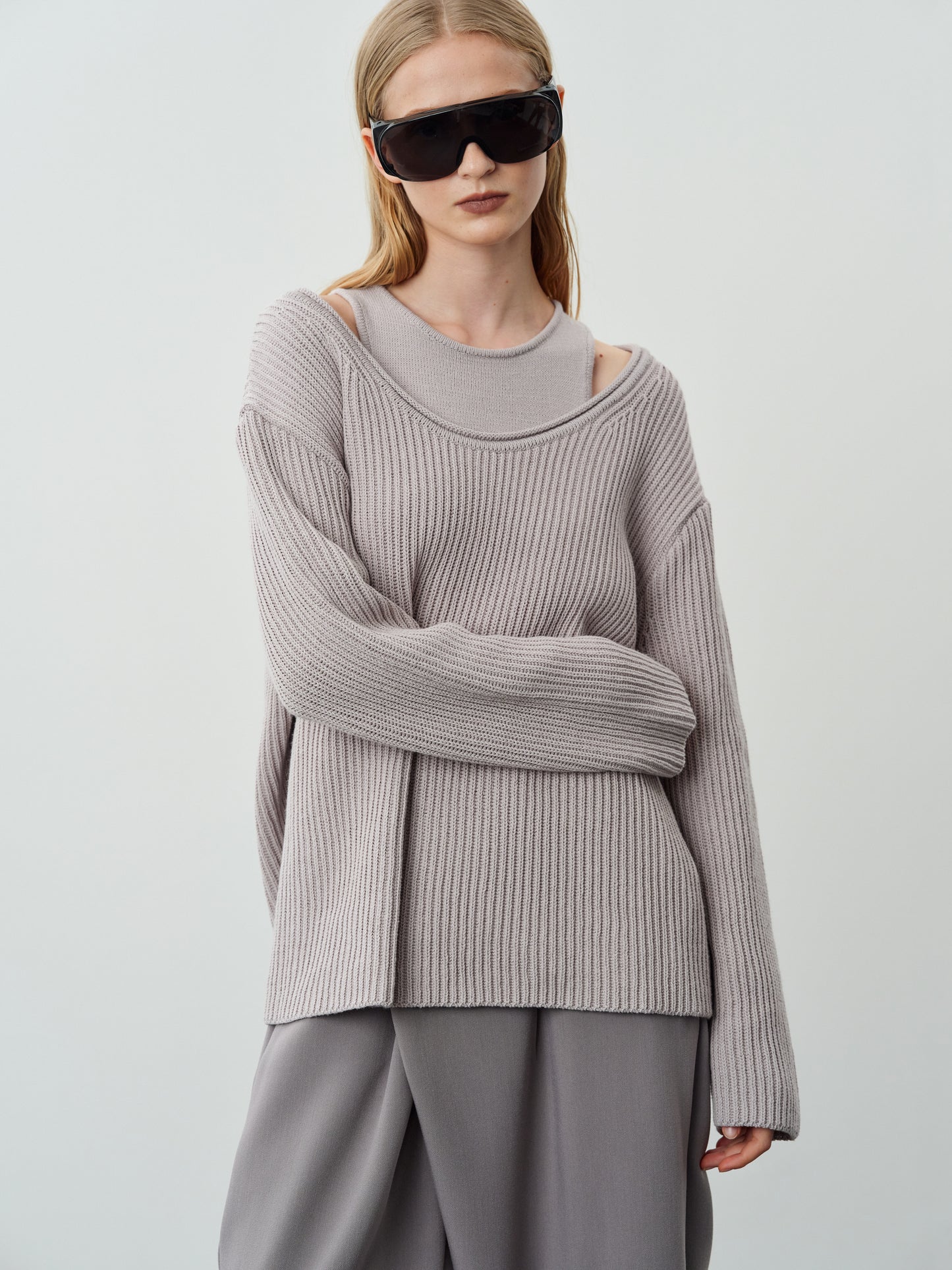Two-Piece Cotton Knit Sweater Set, Light Dove