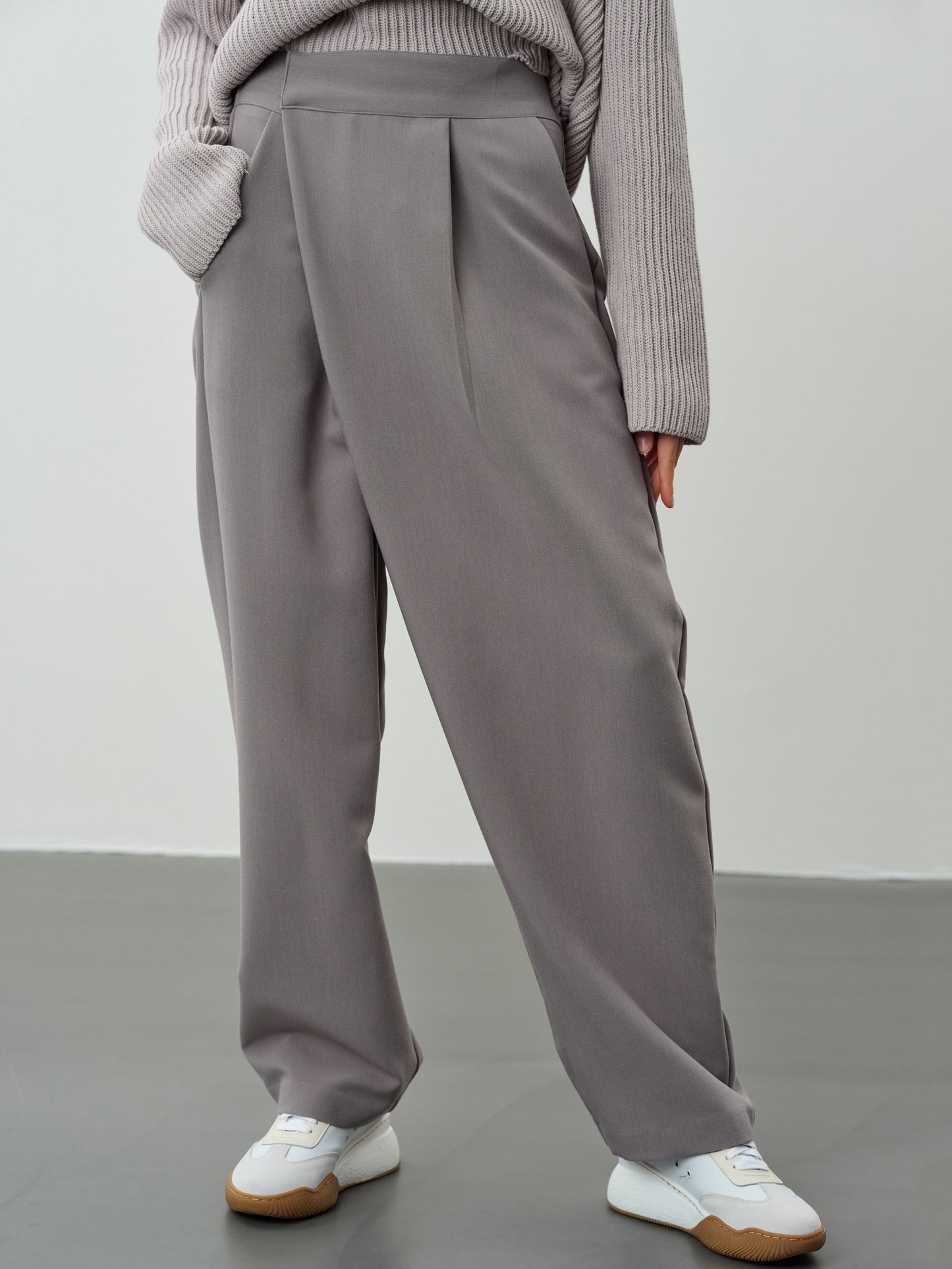 Wide Tuck Wrap Trousers, Warm Gray