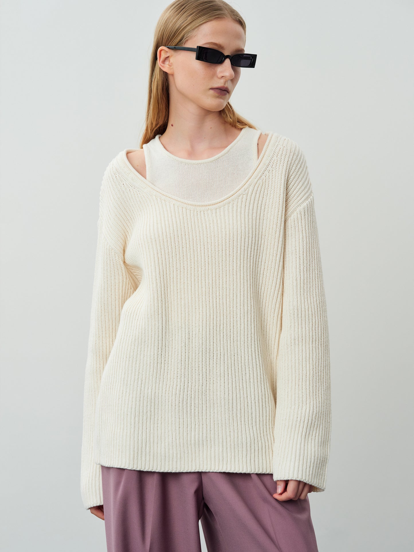 Two-Piece Cotton Knit Sweater Set, Eggnog
