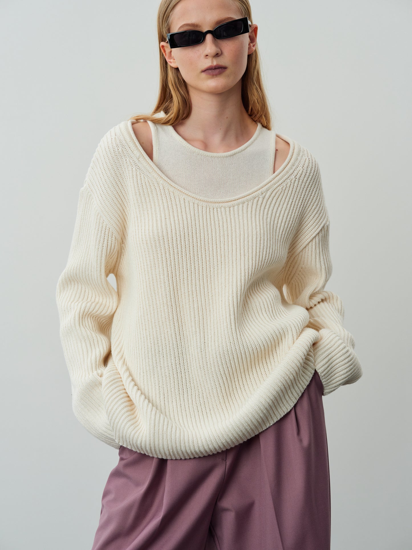 Two-Piece Cotton Knit Sweater Set, Eggnog