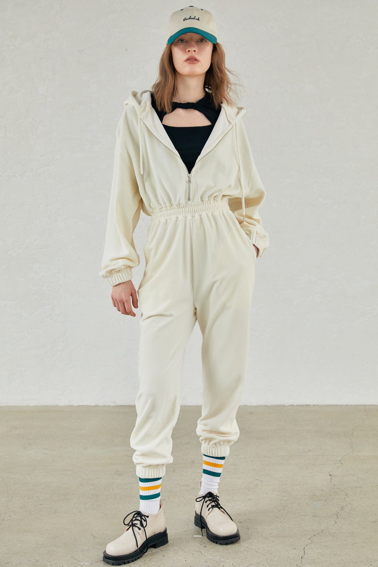 Hooded Corduroy Plush Jumpsuit, Ivory