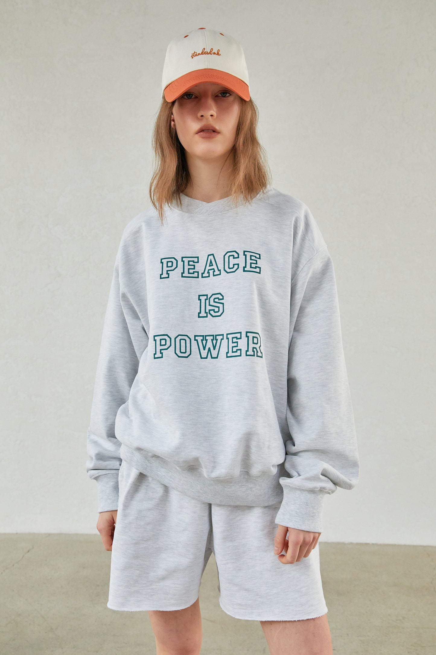 'Peace Is Power' Shawl Collar Sweatshirt, Light Grey Melange