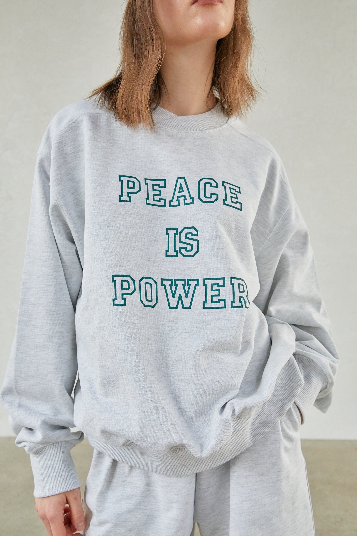 'Peace Is Power' Shawl Collar Sweatshirt, Light Grey Melange