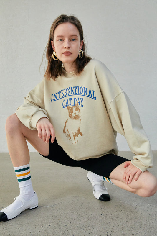 'International Cat Day' Graphic Sweatshirt, Pale Beige