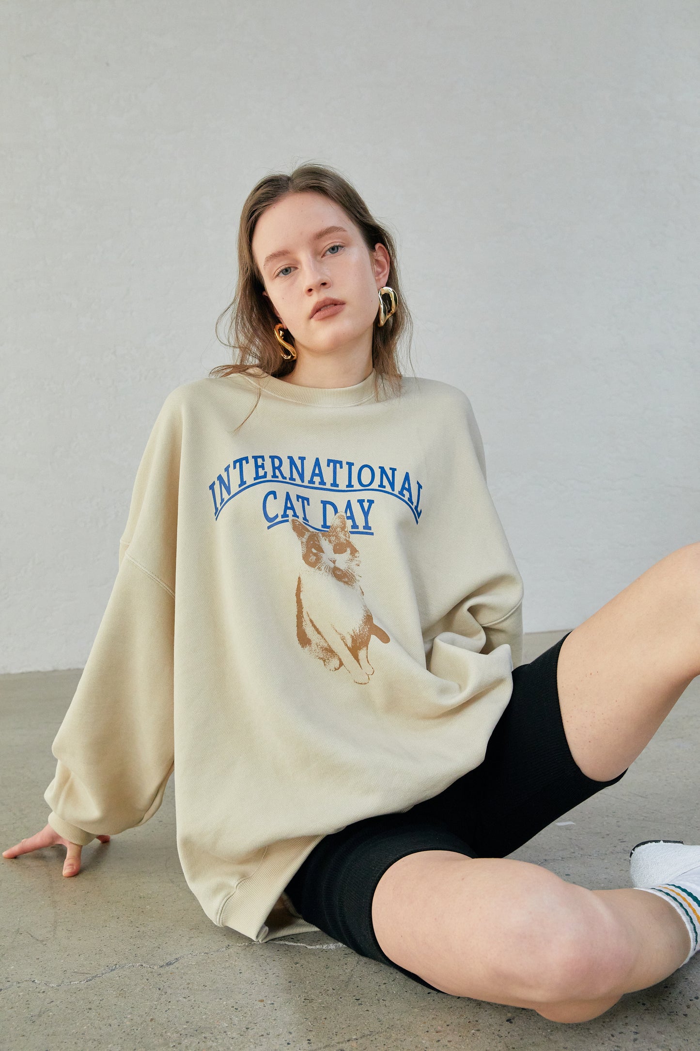 'International Cat Day' Graphic Sweatshirt, Pale Beige