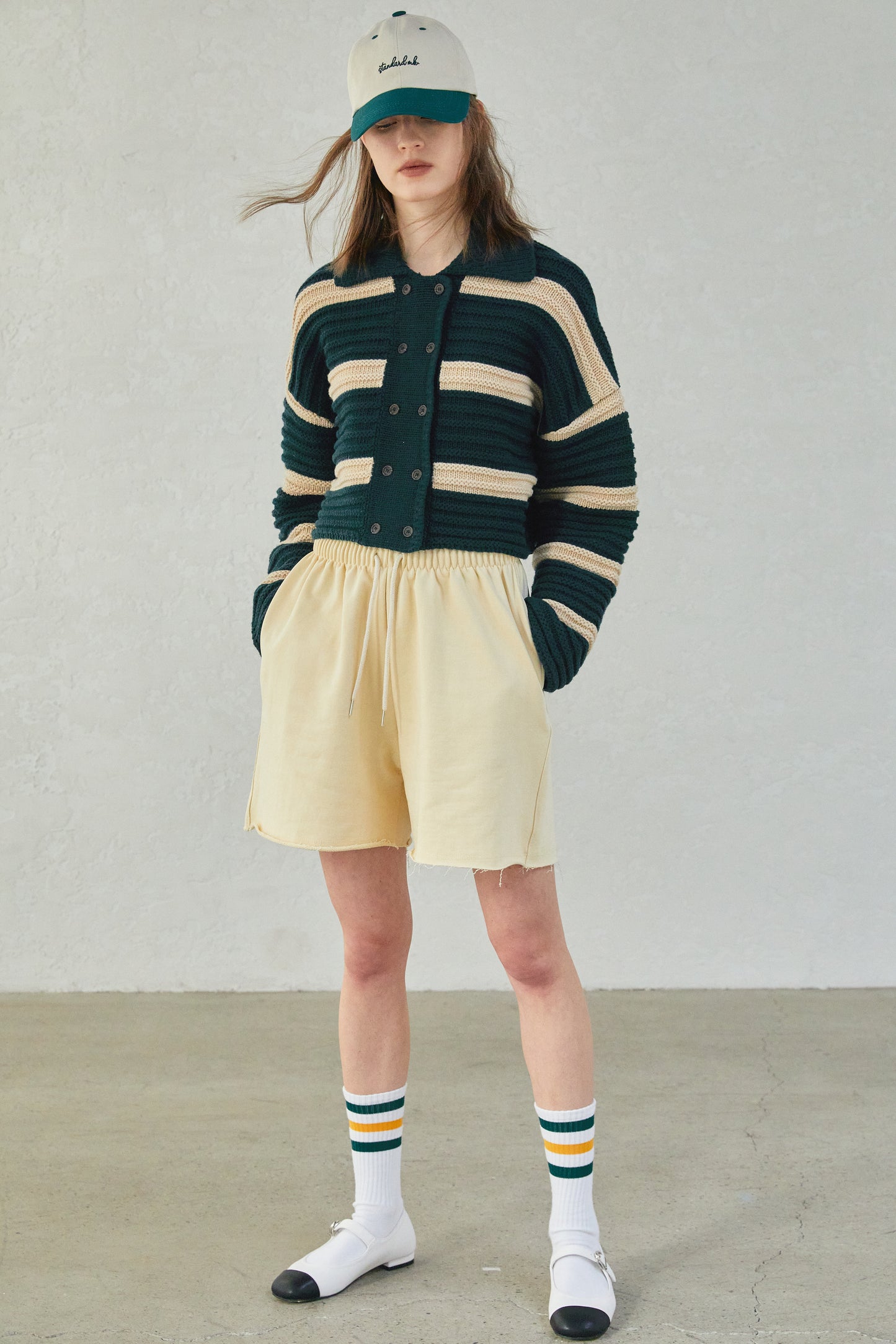 Striped Crop Polo Cardigan, Green & Butter
