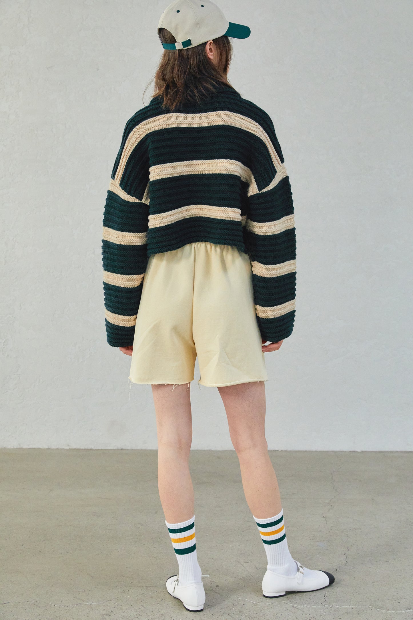 Striped Crop Polo Cardigan, Green & Butter