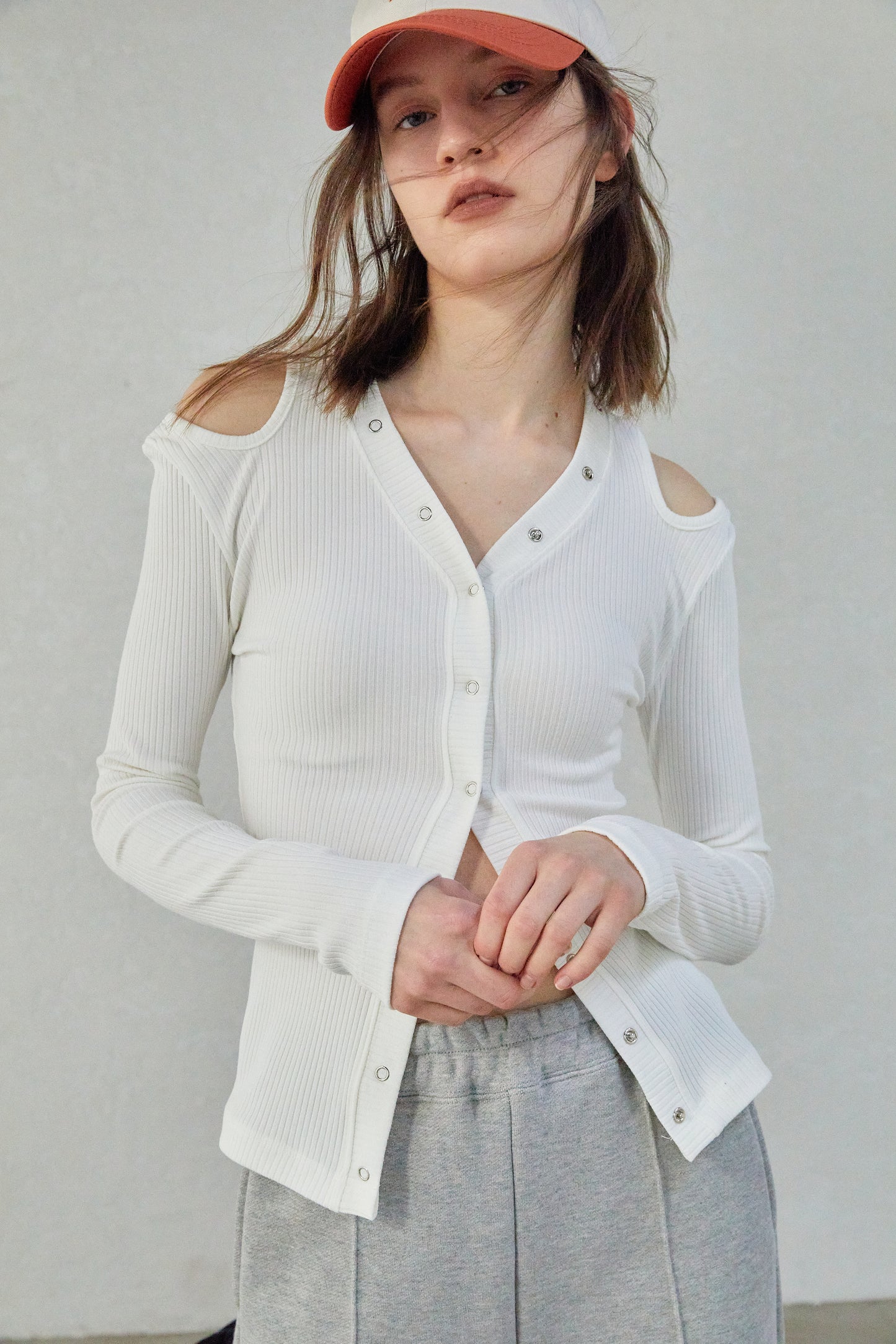 Button Front Cut-Out Ribbed Top, White
