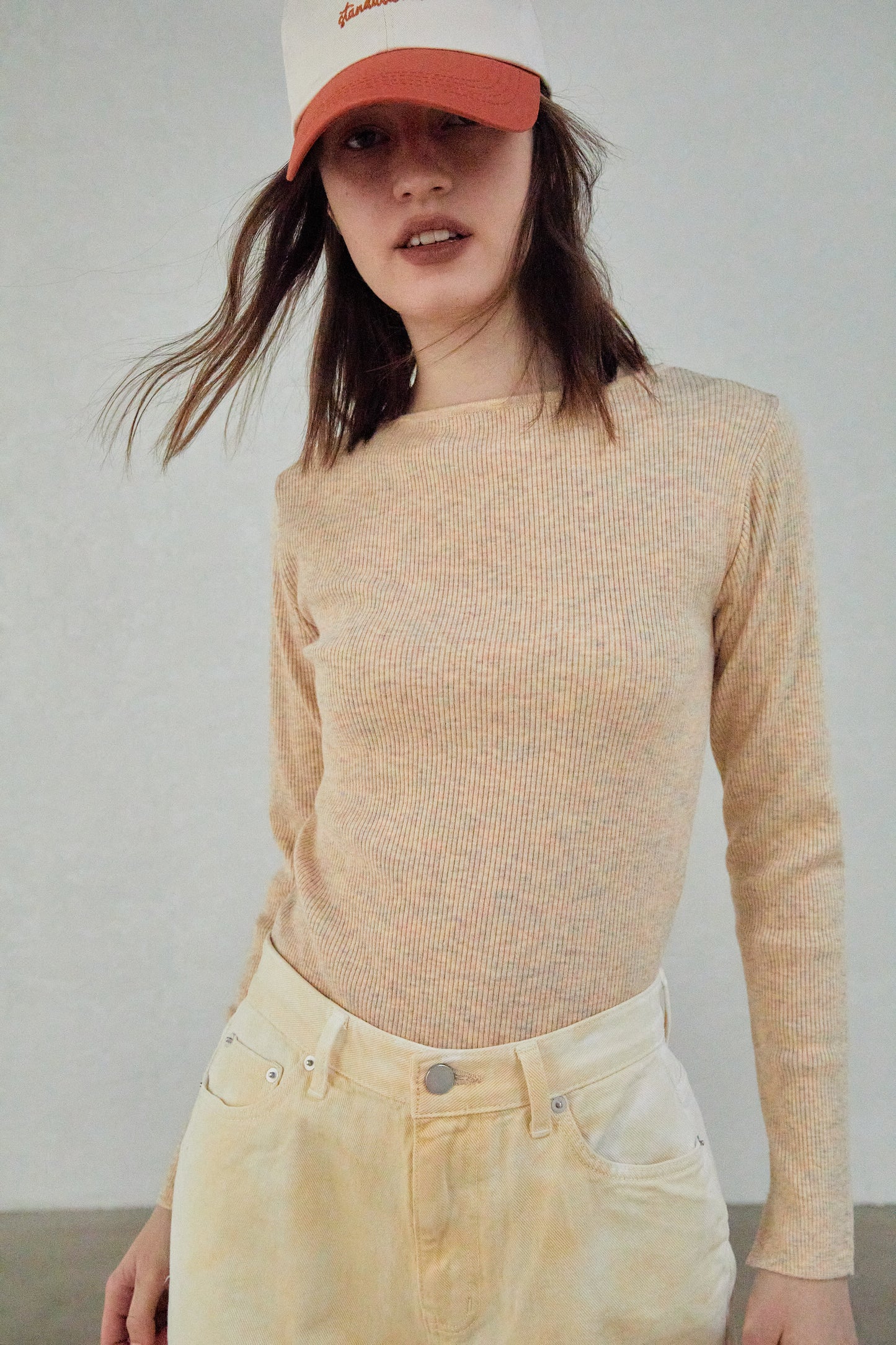 Boat Neck Ribbed Knit Top, Yellow Melange