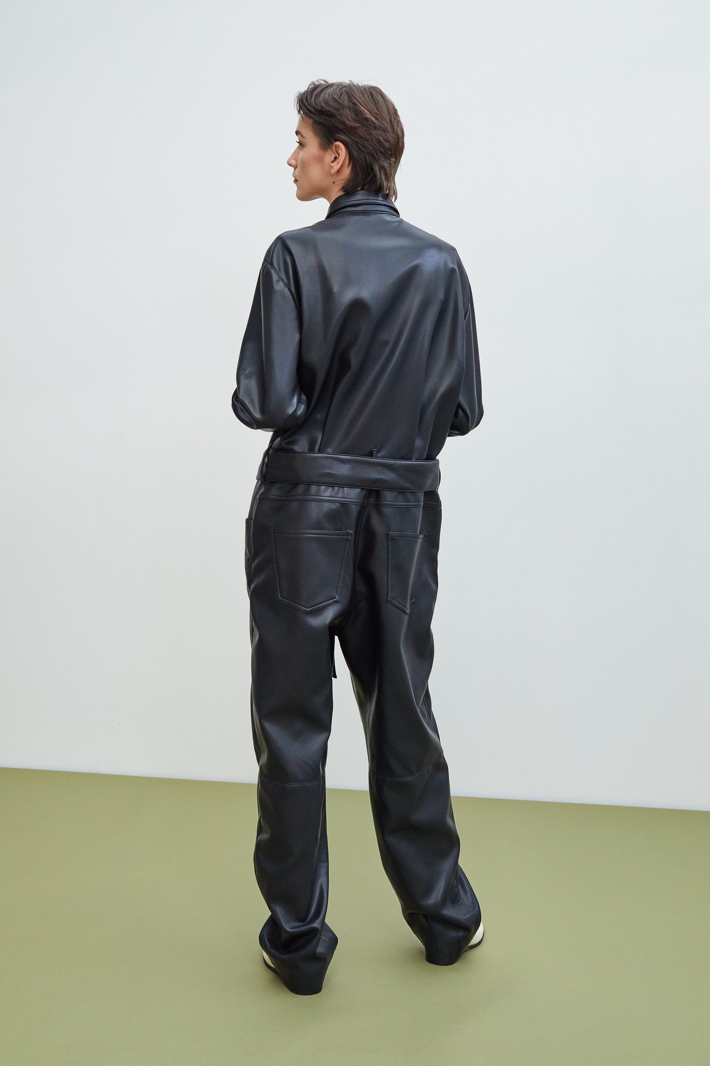 Soft Vegan Leather Utility Jumpsuit, Black