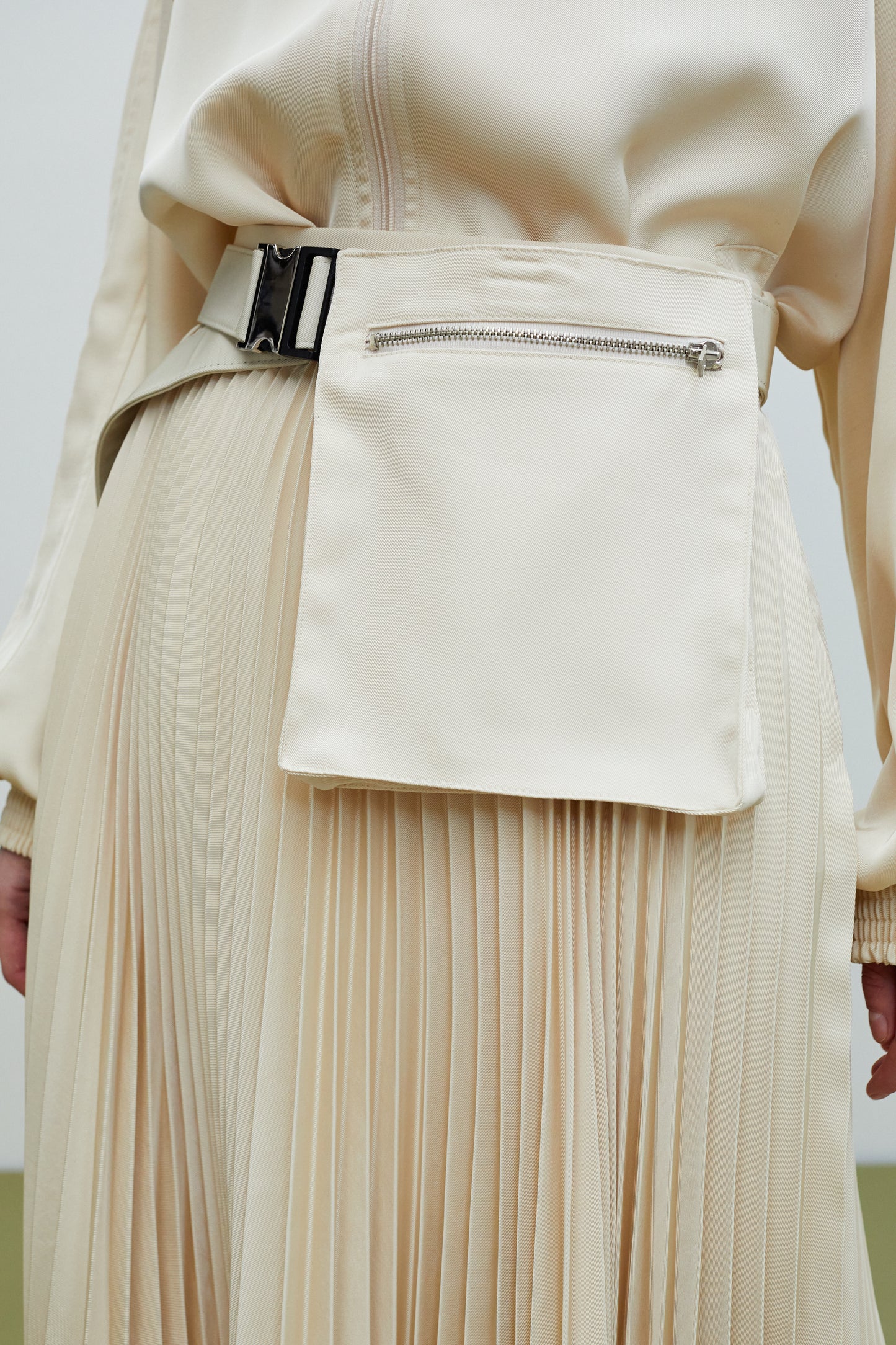 Pleated Midi Skirt with Pocket Belt, Buttercream