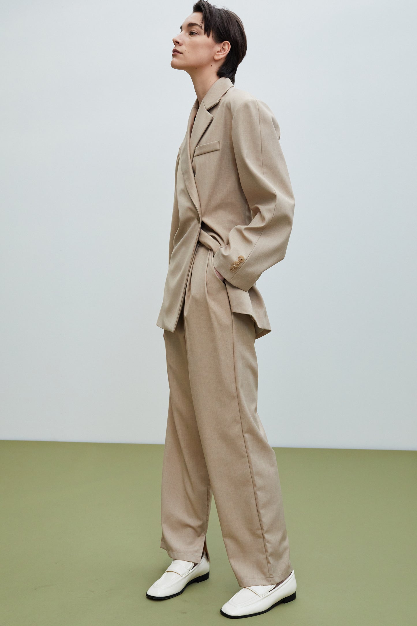 Side Slit Suit Trousers, Tan Beige