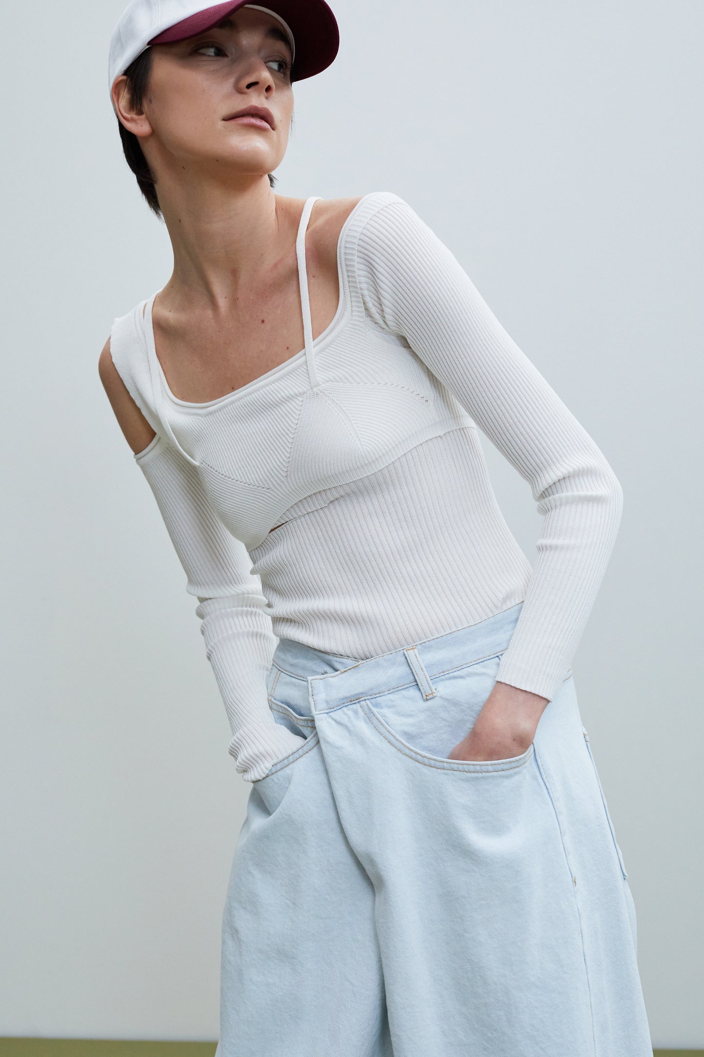 Layered Bra And Ribbed Knit Top, White
