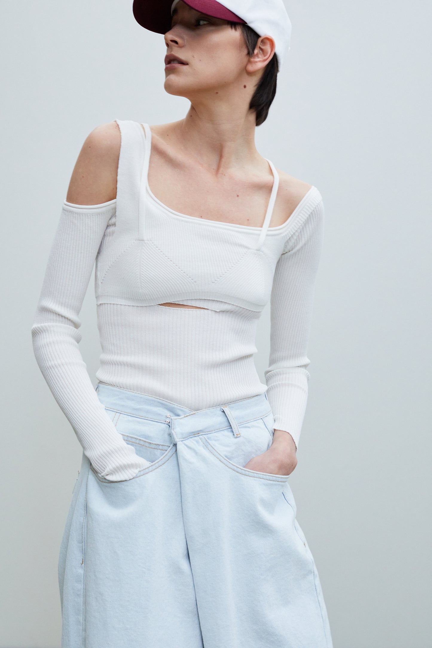 Layered Bra And Ribbed Knit Top, White