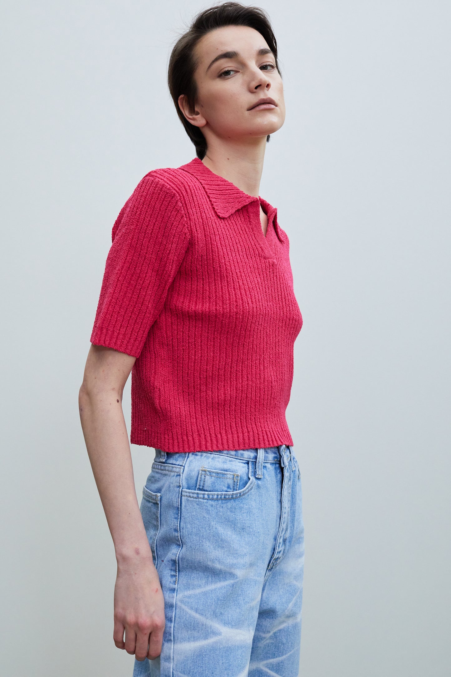 Crop Ribbed Polo Knit, Fuchsia Pink