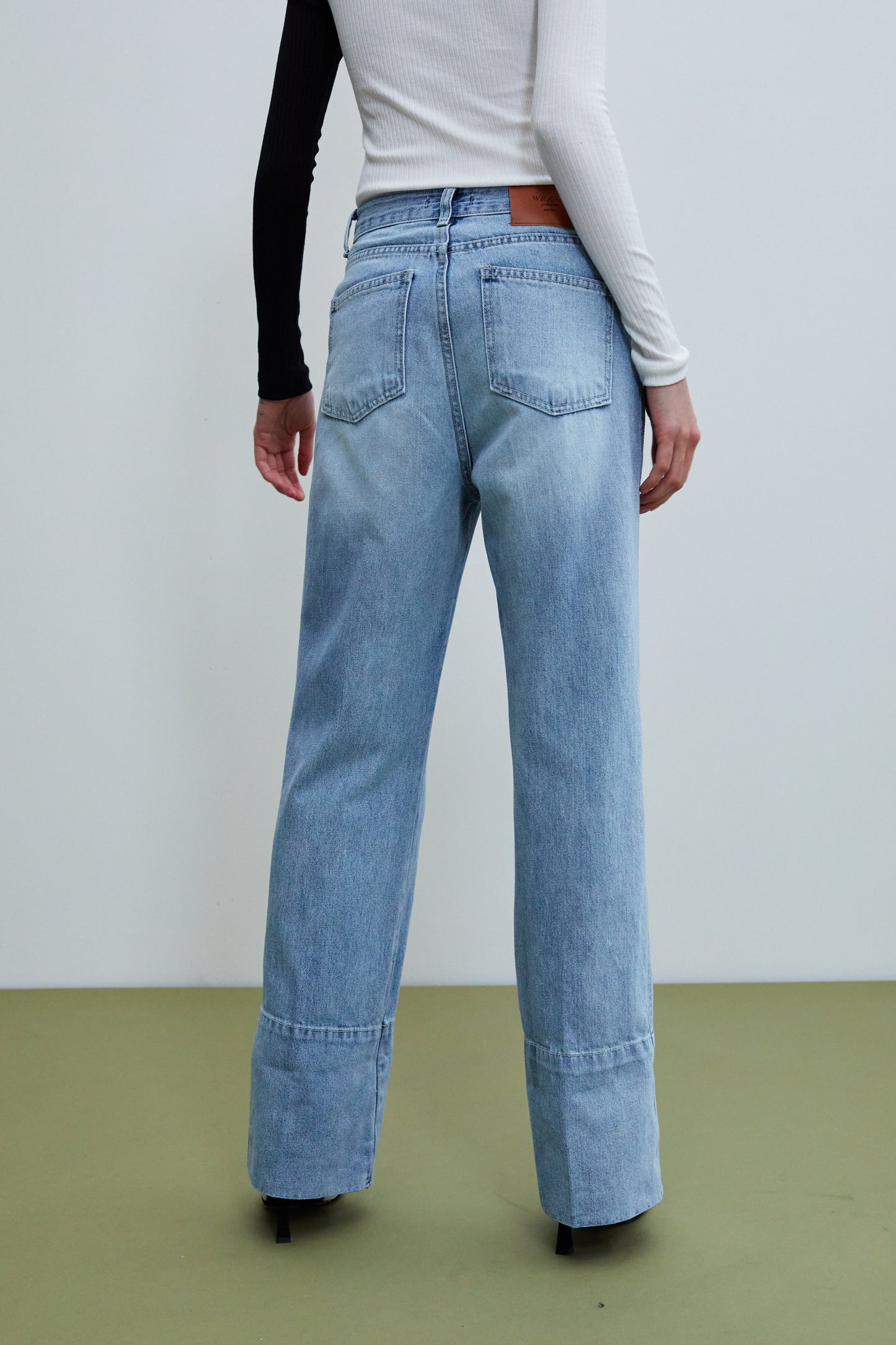 Folded Two-Tone Jeans, Washed Blue