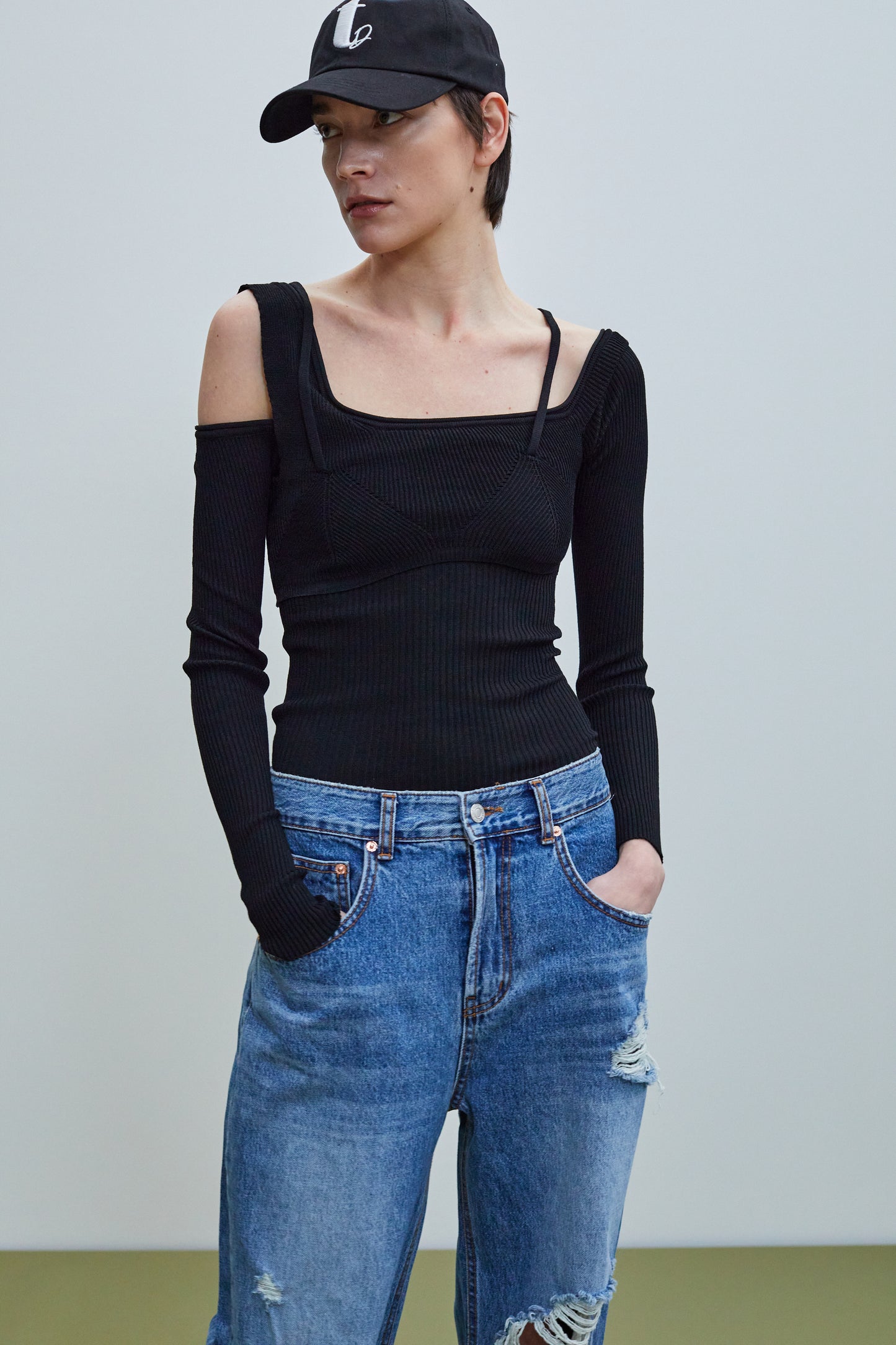 Layered Bra And Ribbed Knit Top, Black