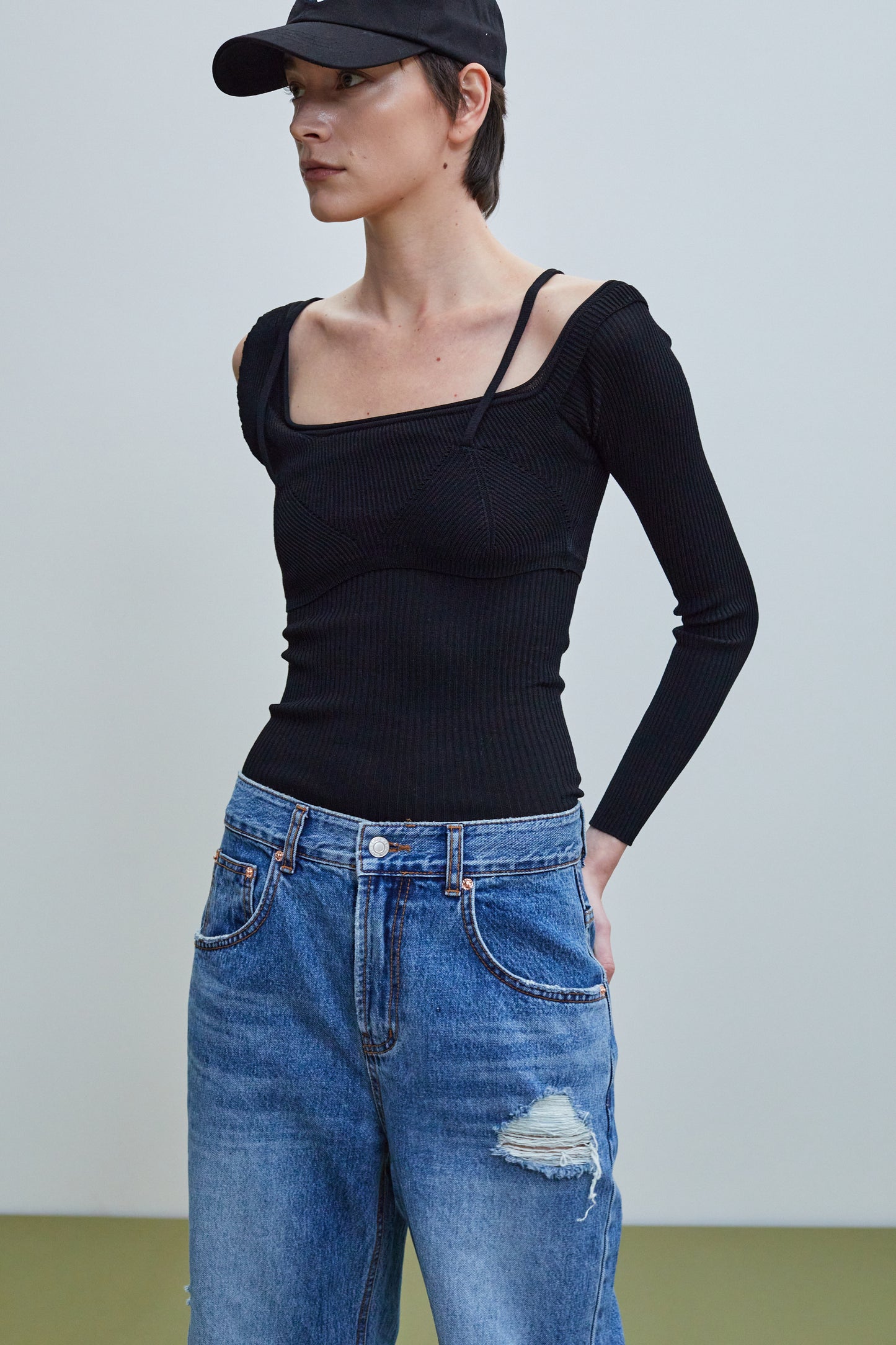 Layered Bra And Ribbed Knit Top, Black