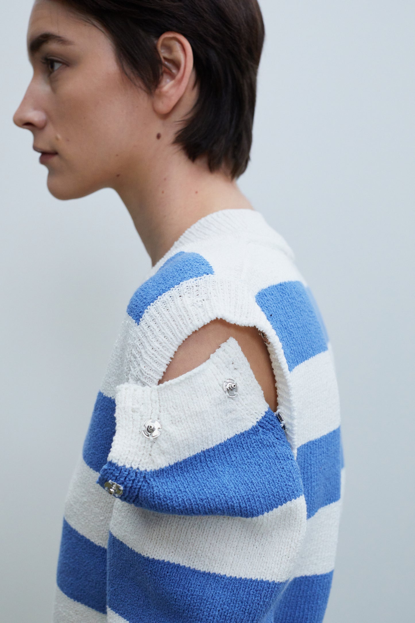 Detachable Sleeve Linen Knit, Striped Blue