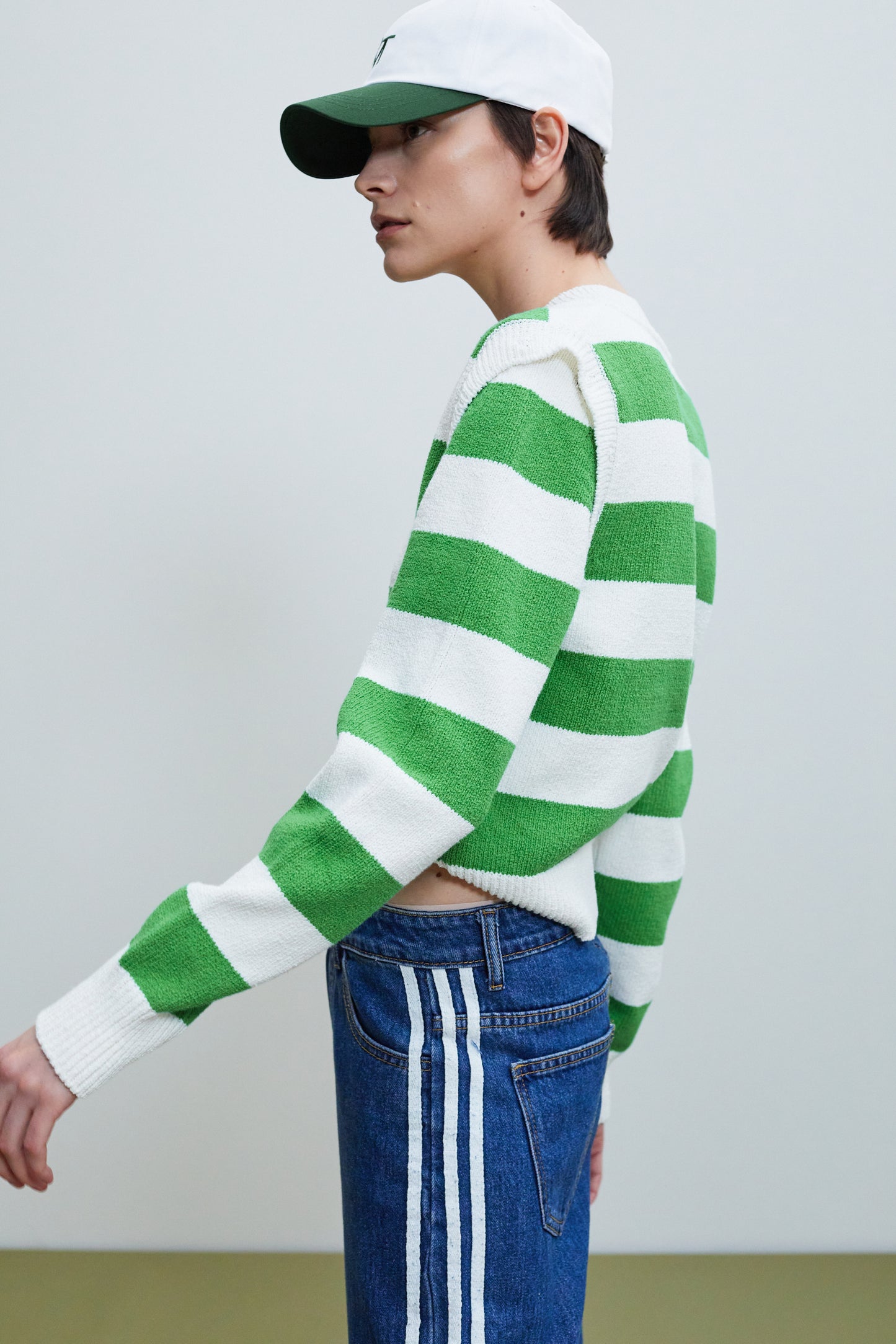 Detachable Sleeve Linen Knit, Striped Green