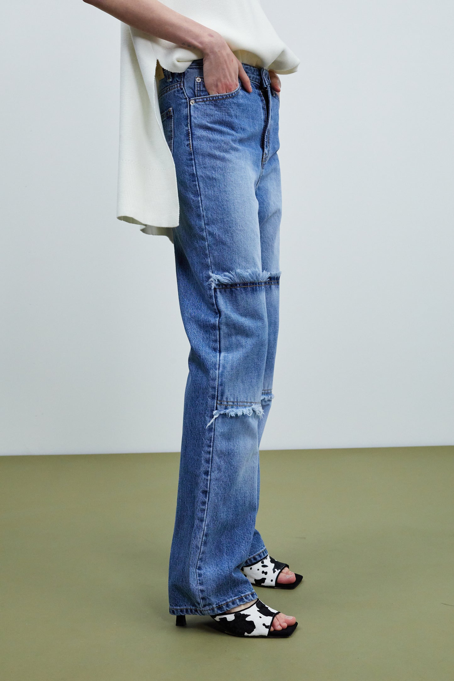 Frayed Panel Straight Leg Jeans, Medium Blue