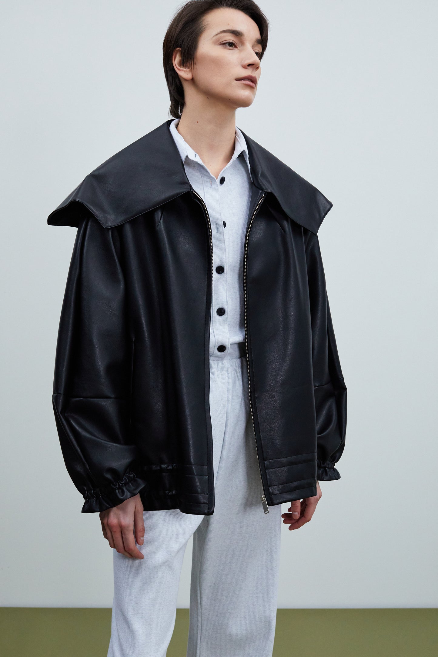 Exaggerated Shawl Collar Vegan Leather Jacket, Black