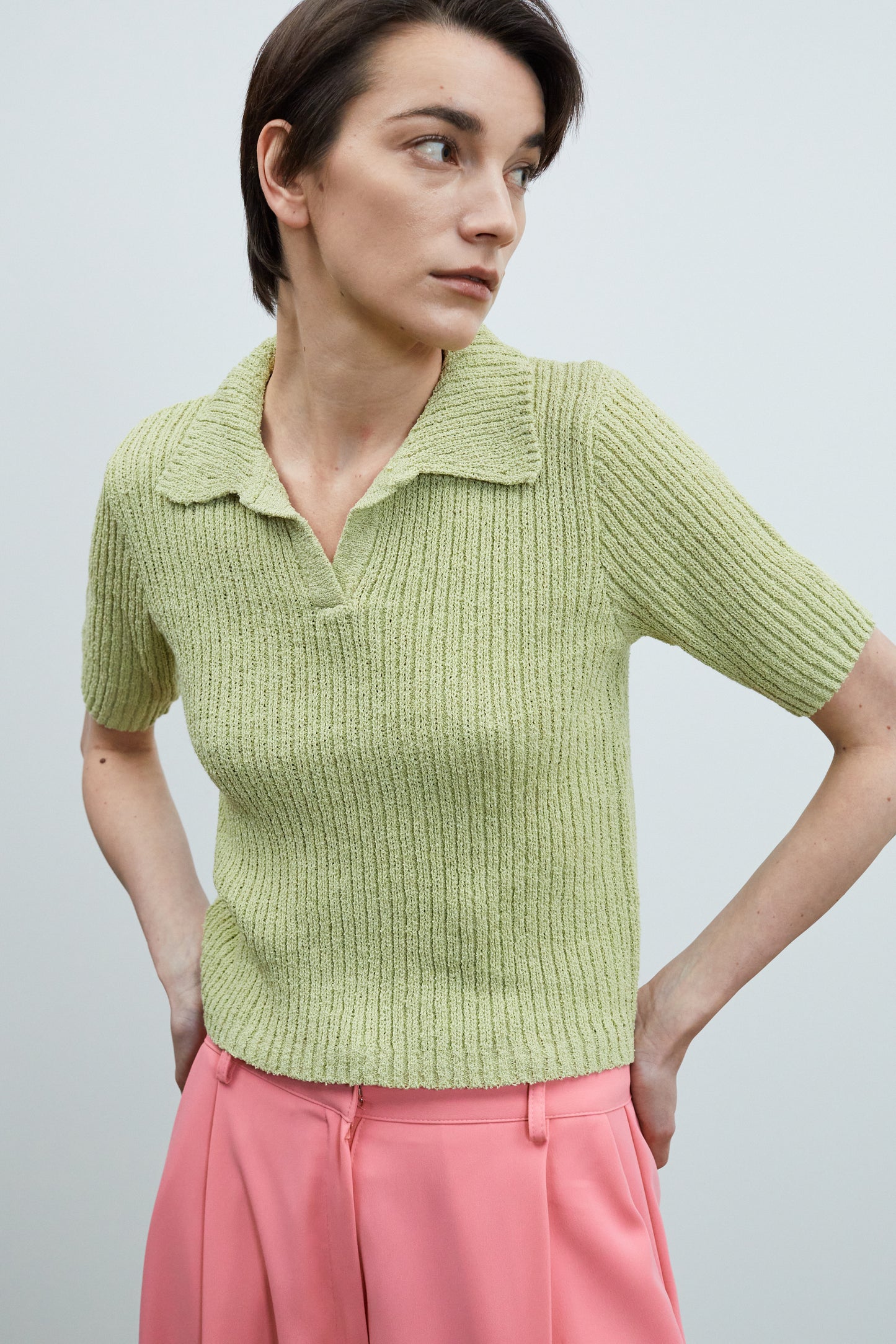 Crop Ribbed Polo Knit, Olive