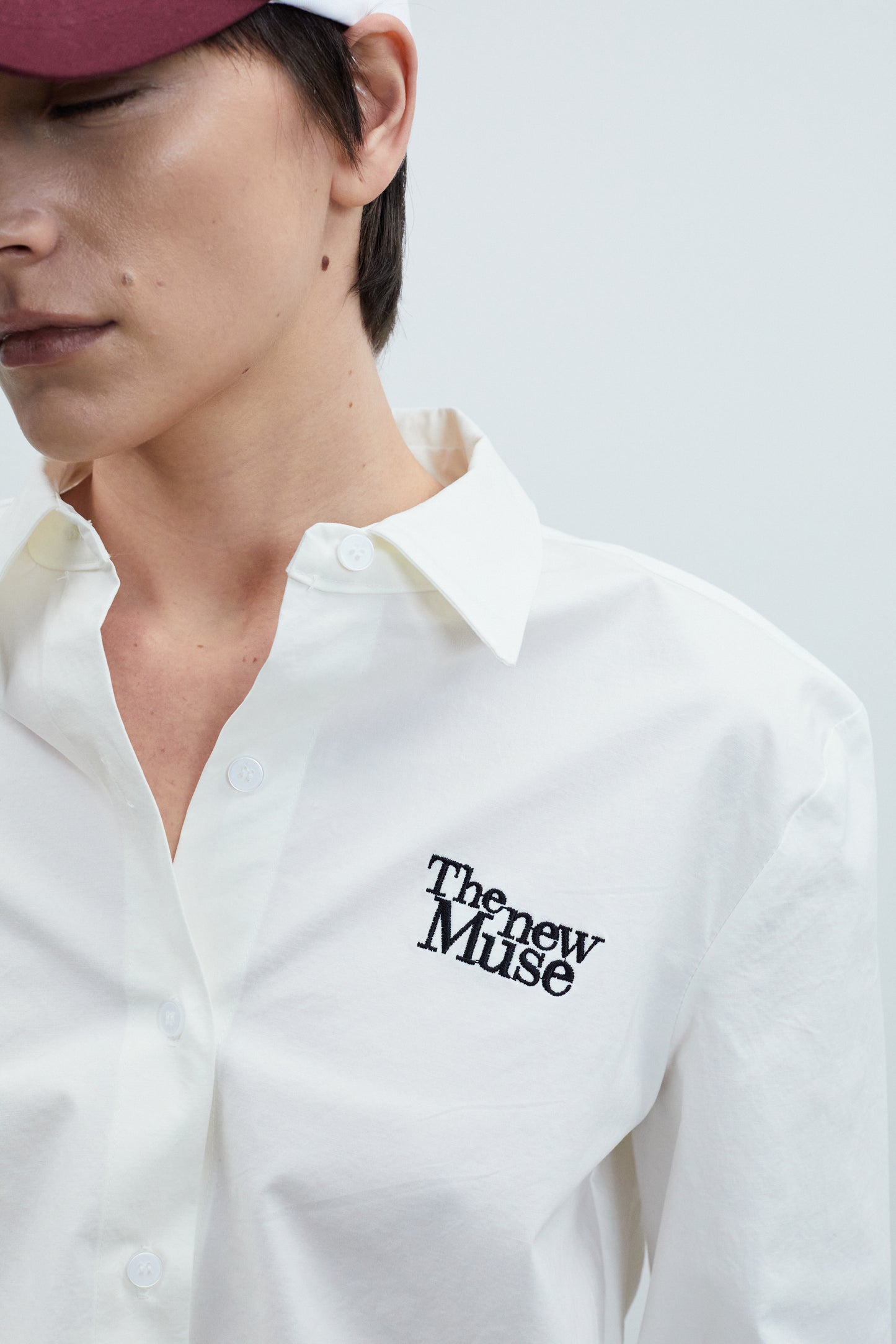 Padded Shoulder Embroidered Lettering Shirt, White