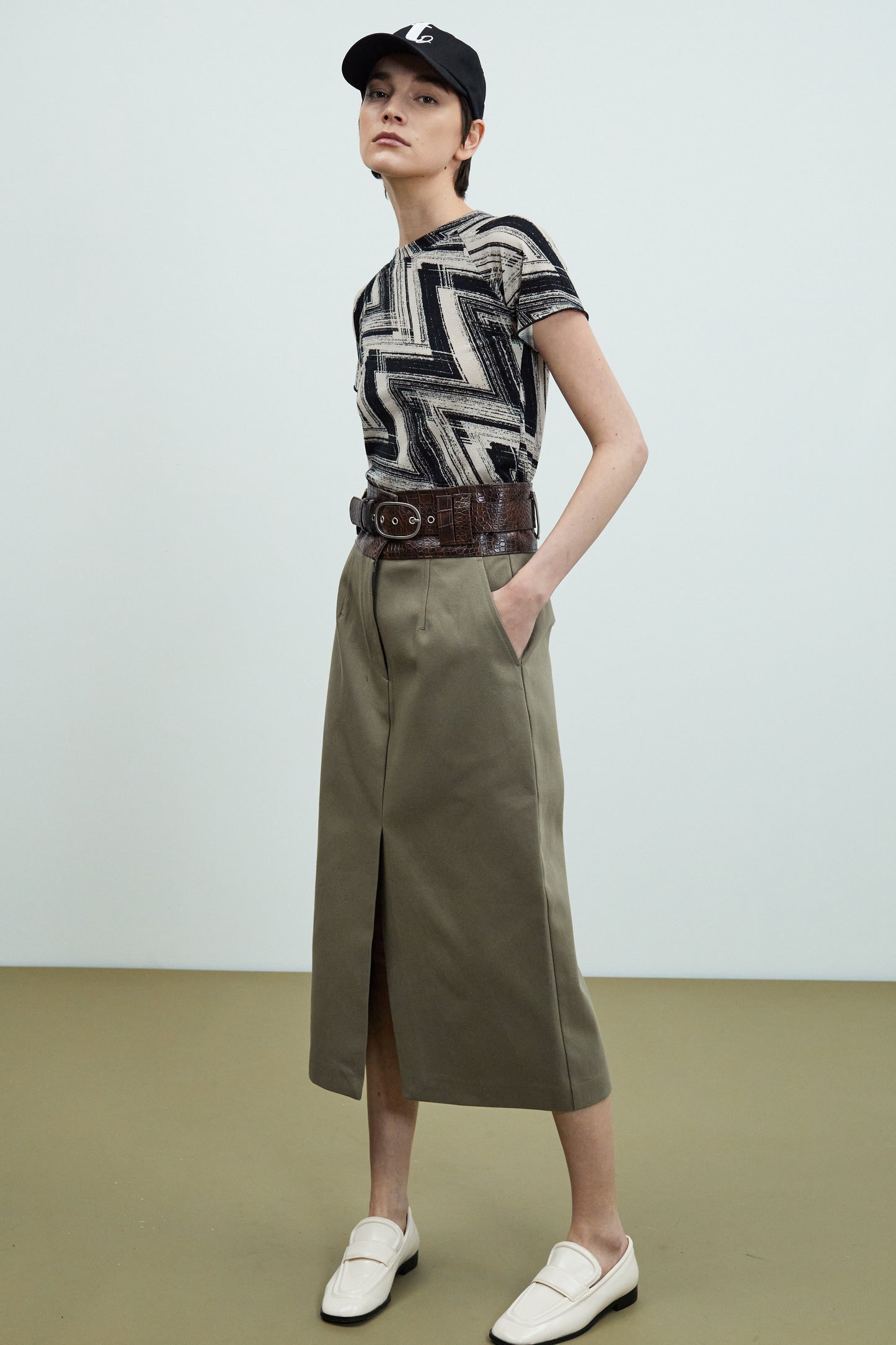 Front Slit Croc Belted Skirt, Khaki