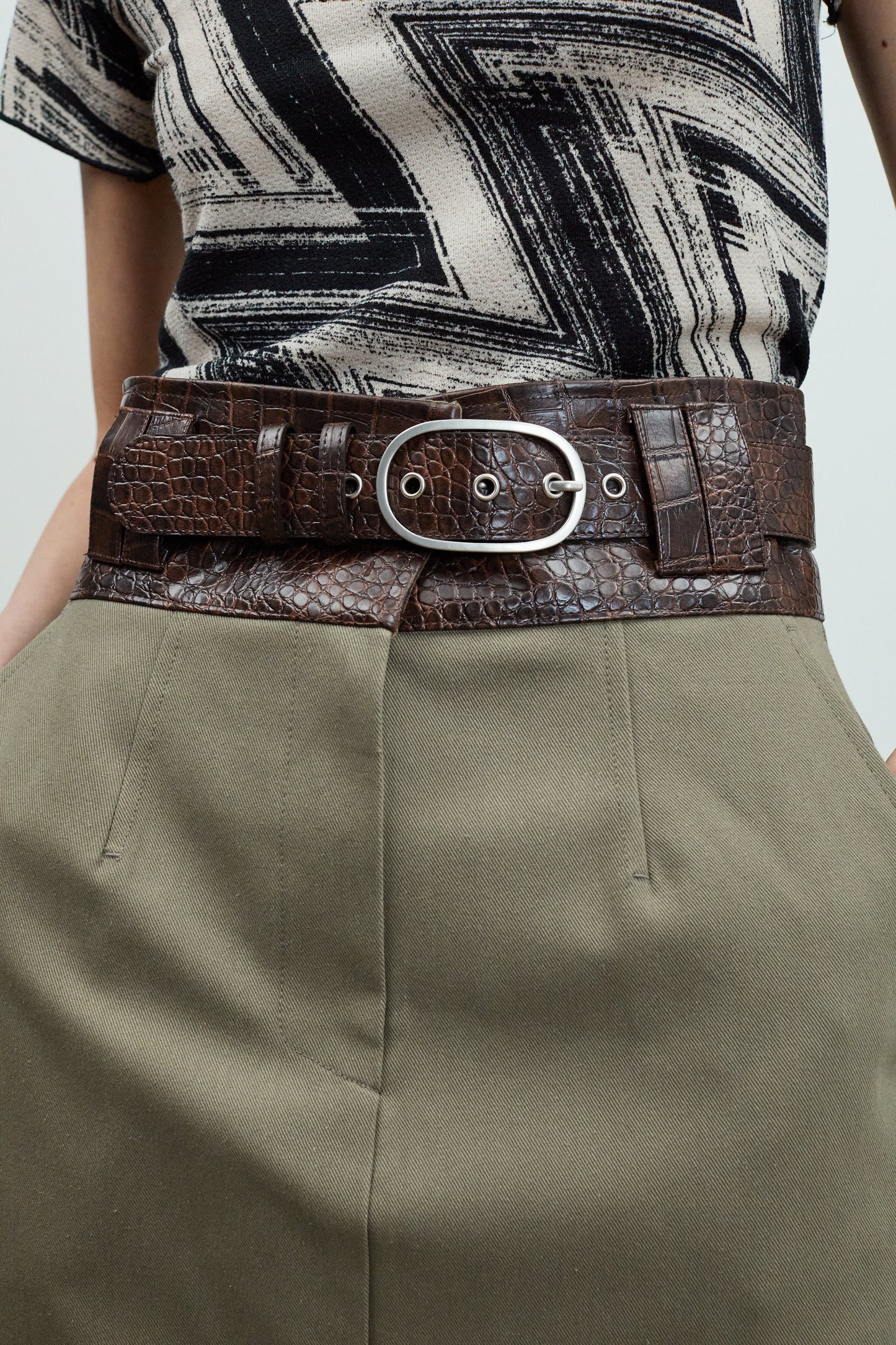 Front Slit Croc Belted Skirt, Khaki
