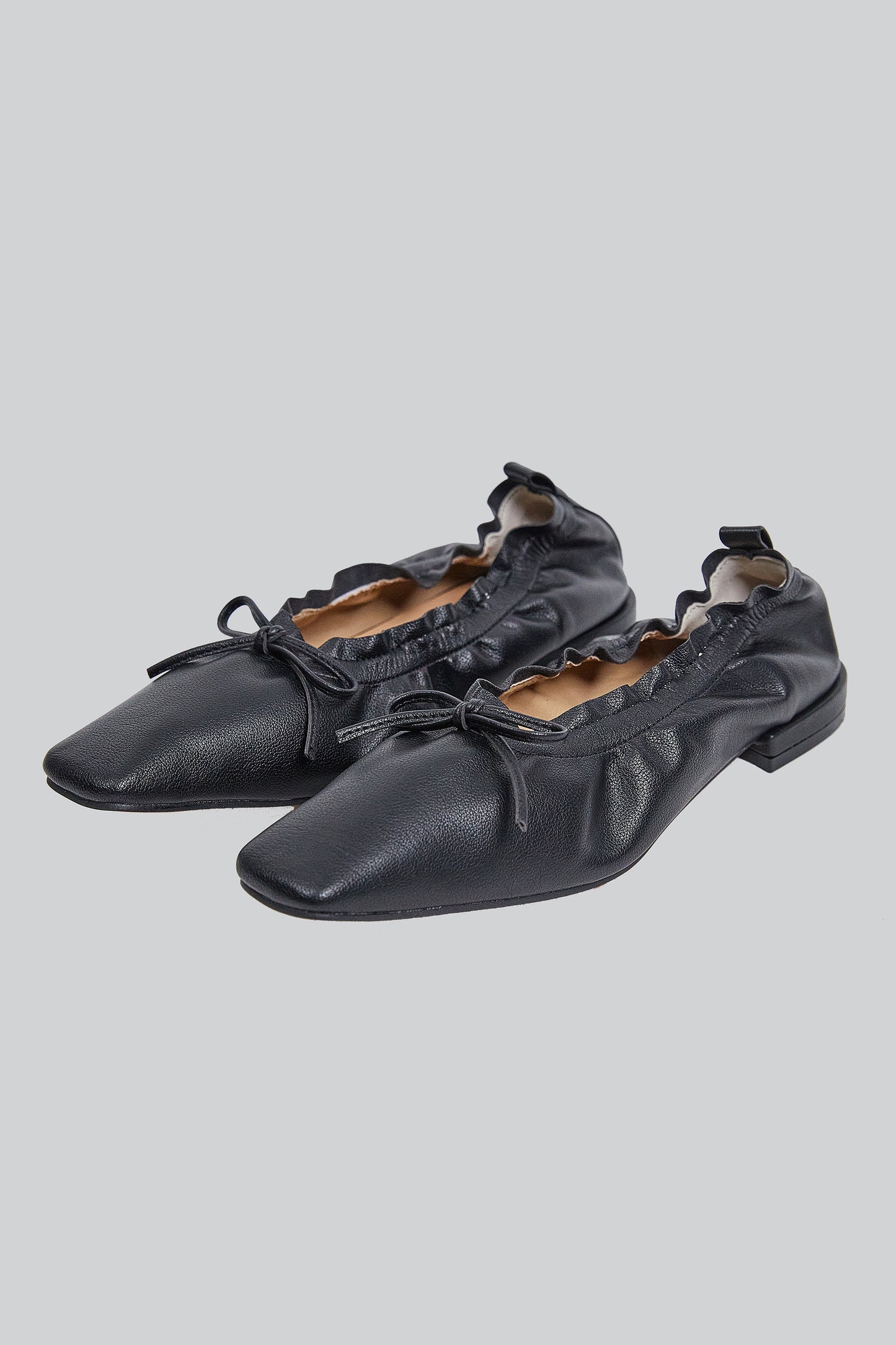 Ruched Vegan Leather Ballet Flats, Black