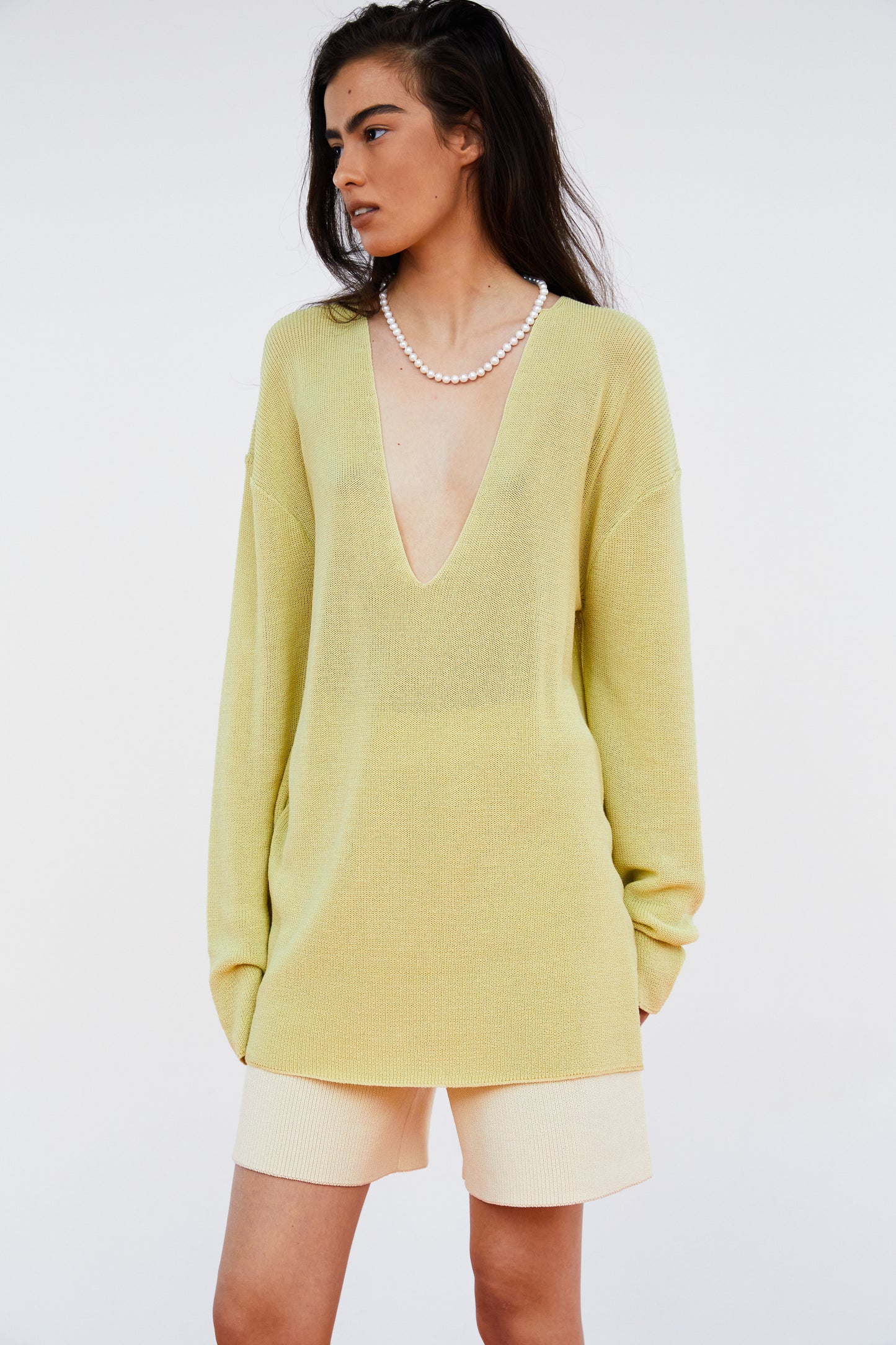 Deep Split Neck Fine Knit Sweater, Chartreuse