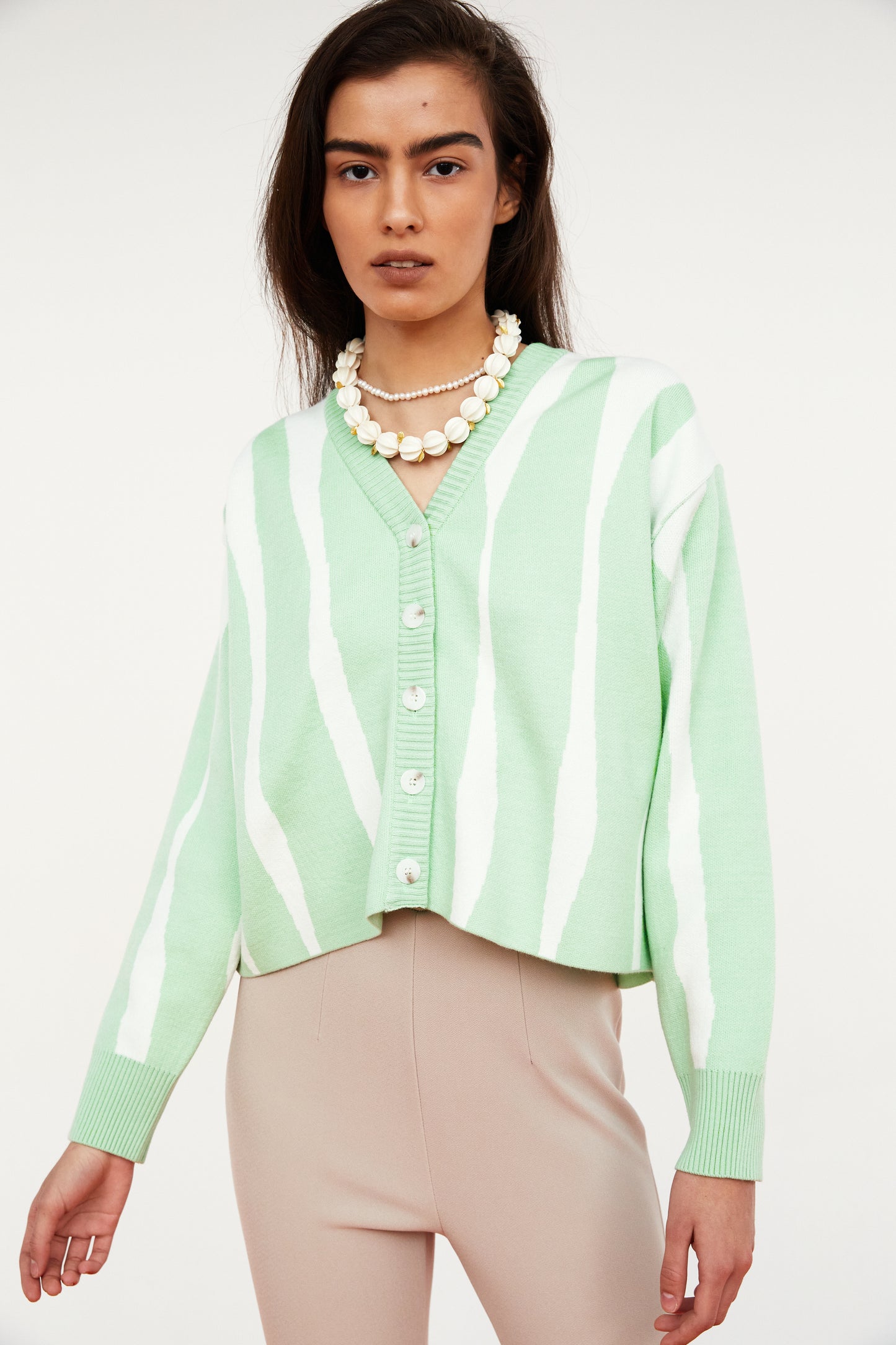 Vertical Stripe Soft Touch Cardigan, Seafoam Green