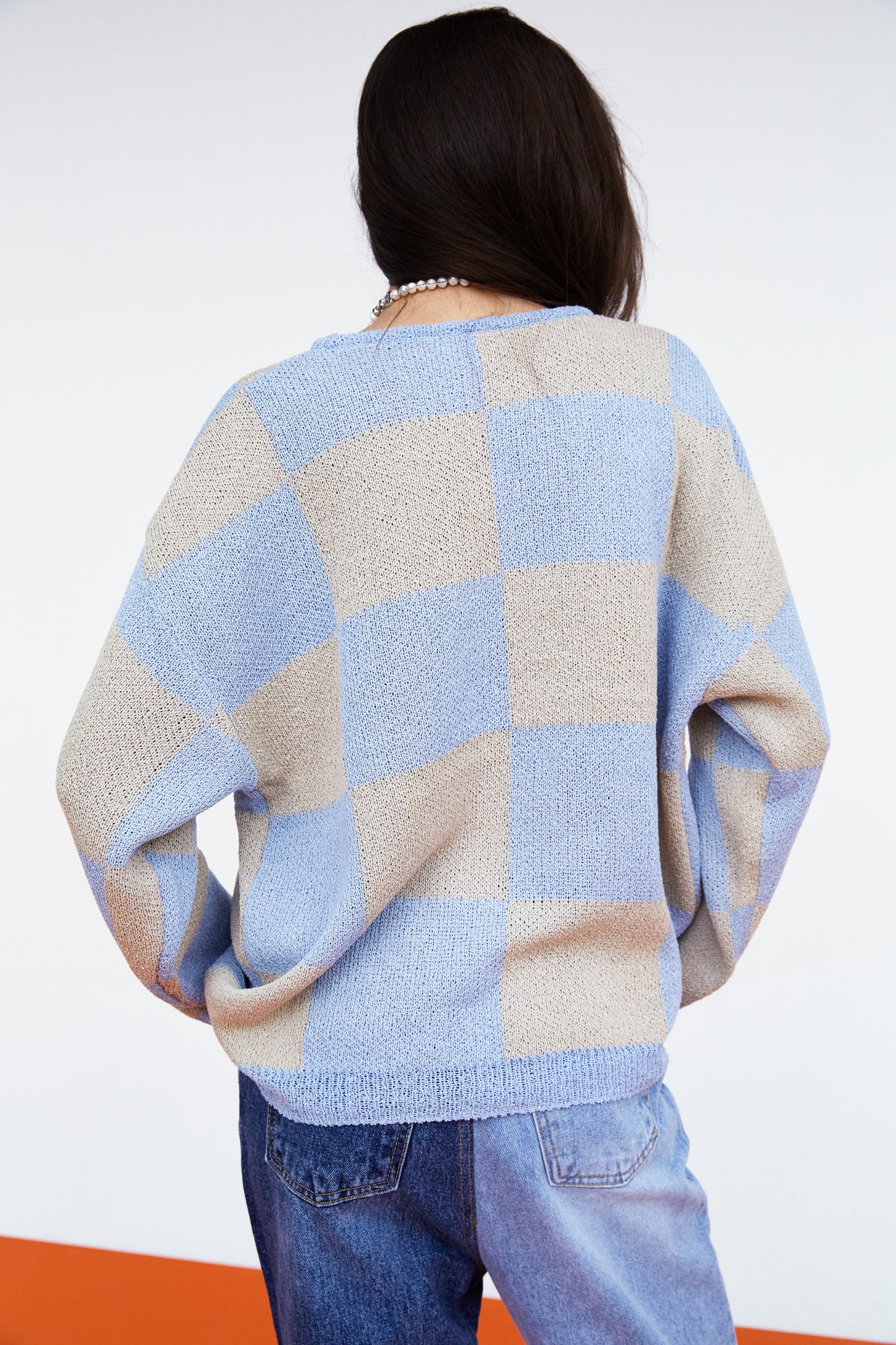 Checkerboard Loose Pullover, Tan & Blue