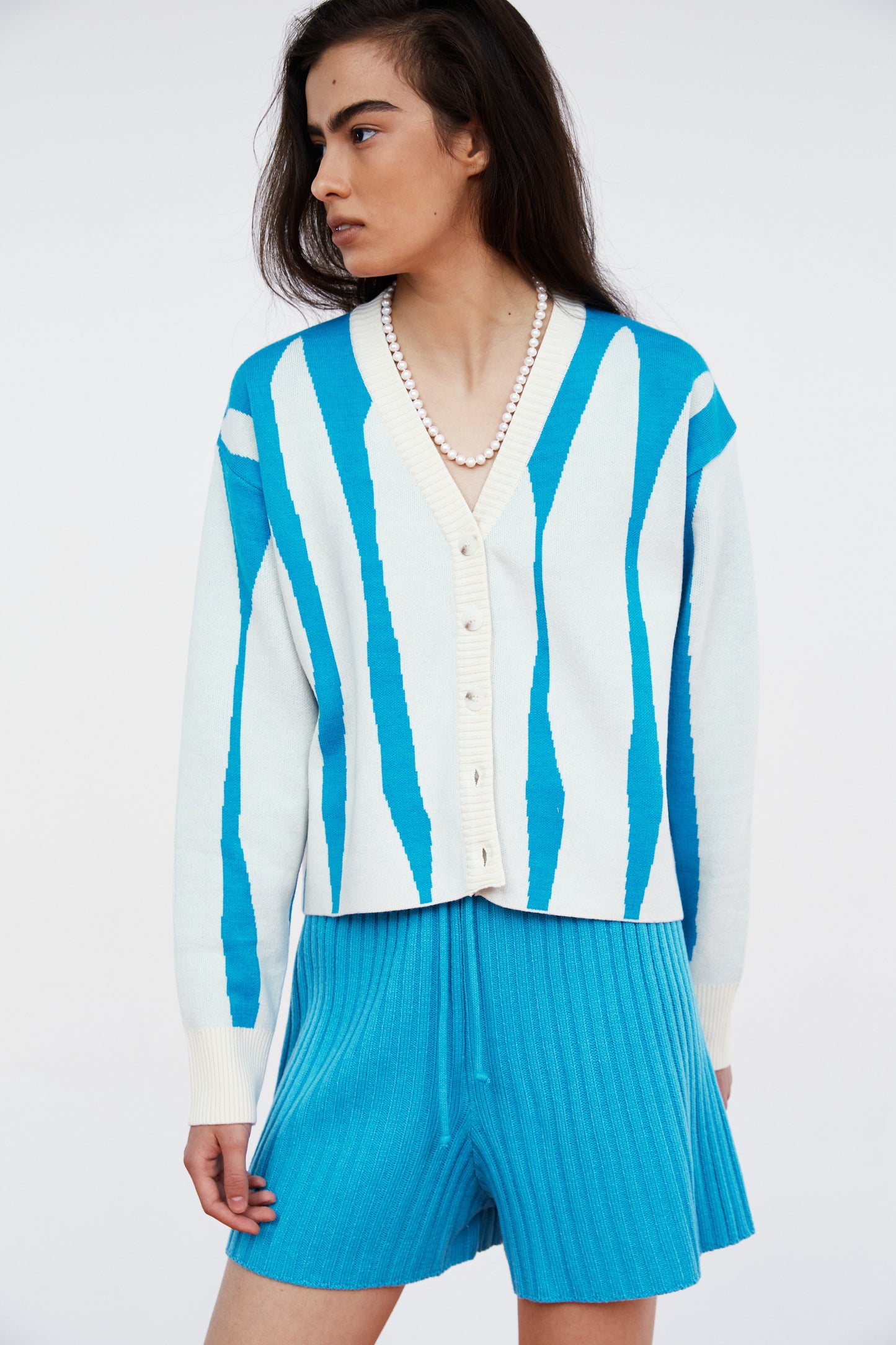 Vertical Stripe Soft Touch Cardigan, Aqua Blue