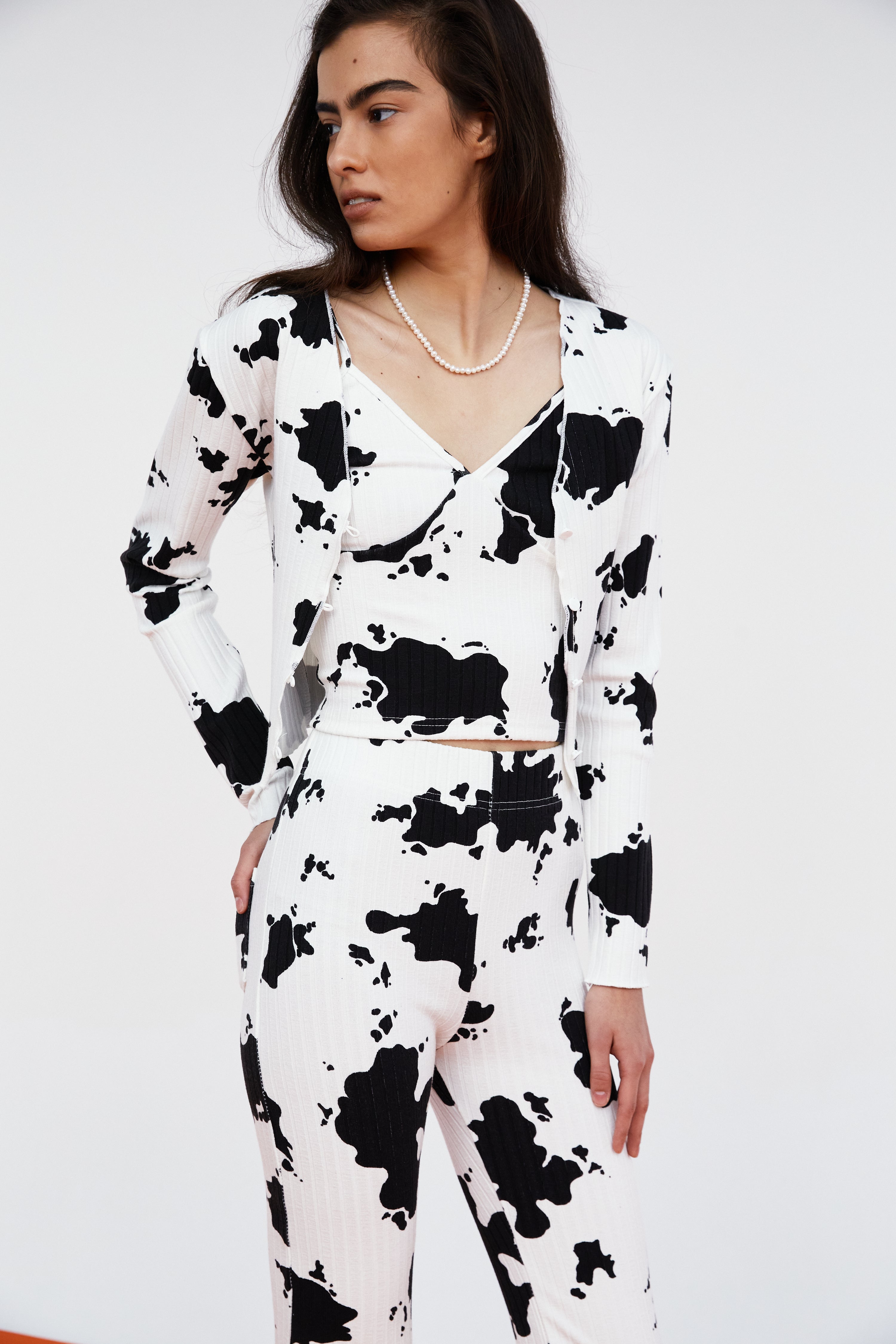 Cow Print Rib Cardigan, White