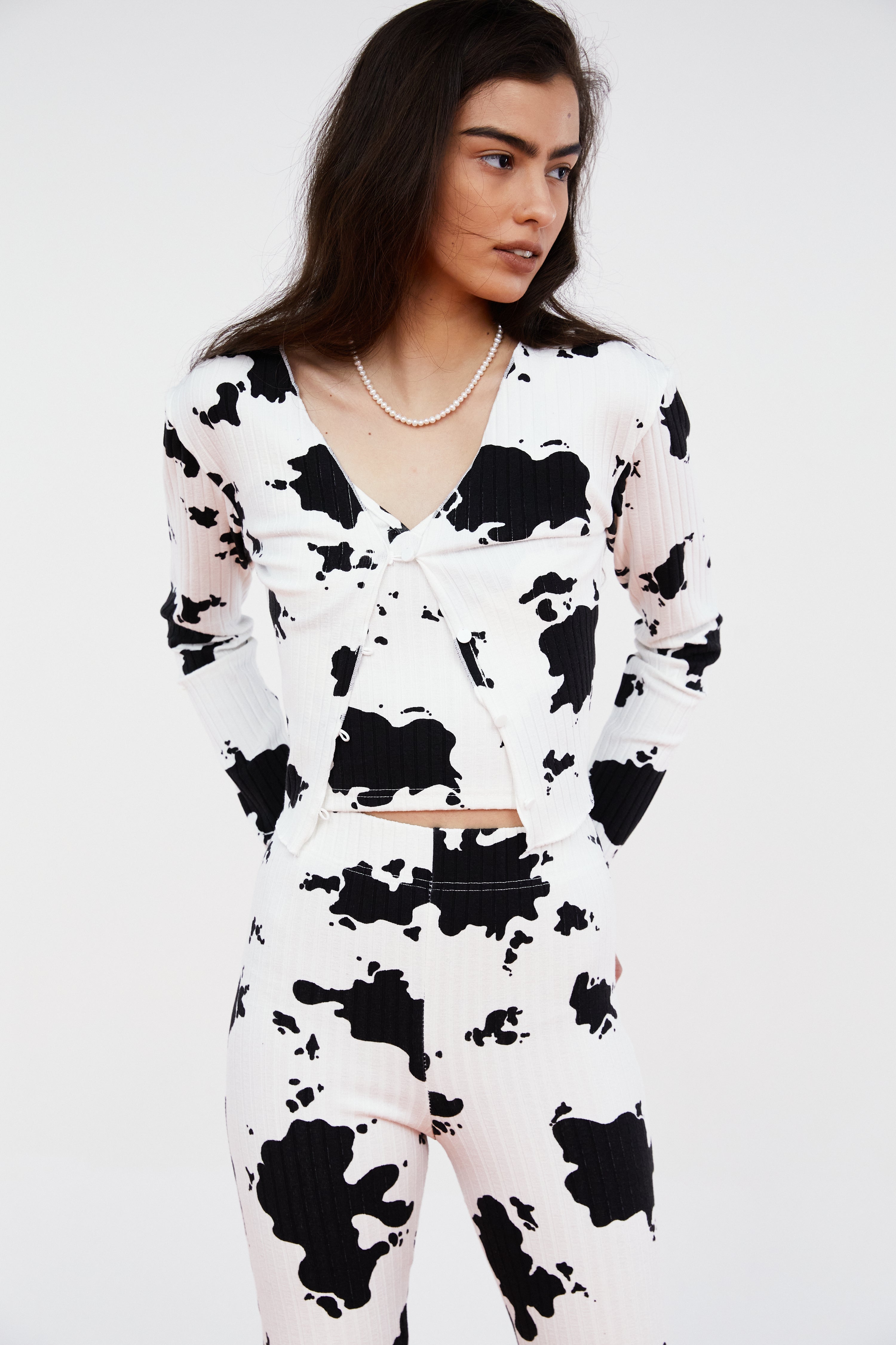 Cow Print Rib Cardigan, White