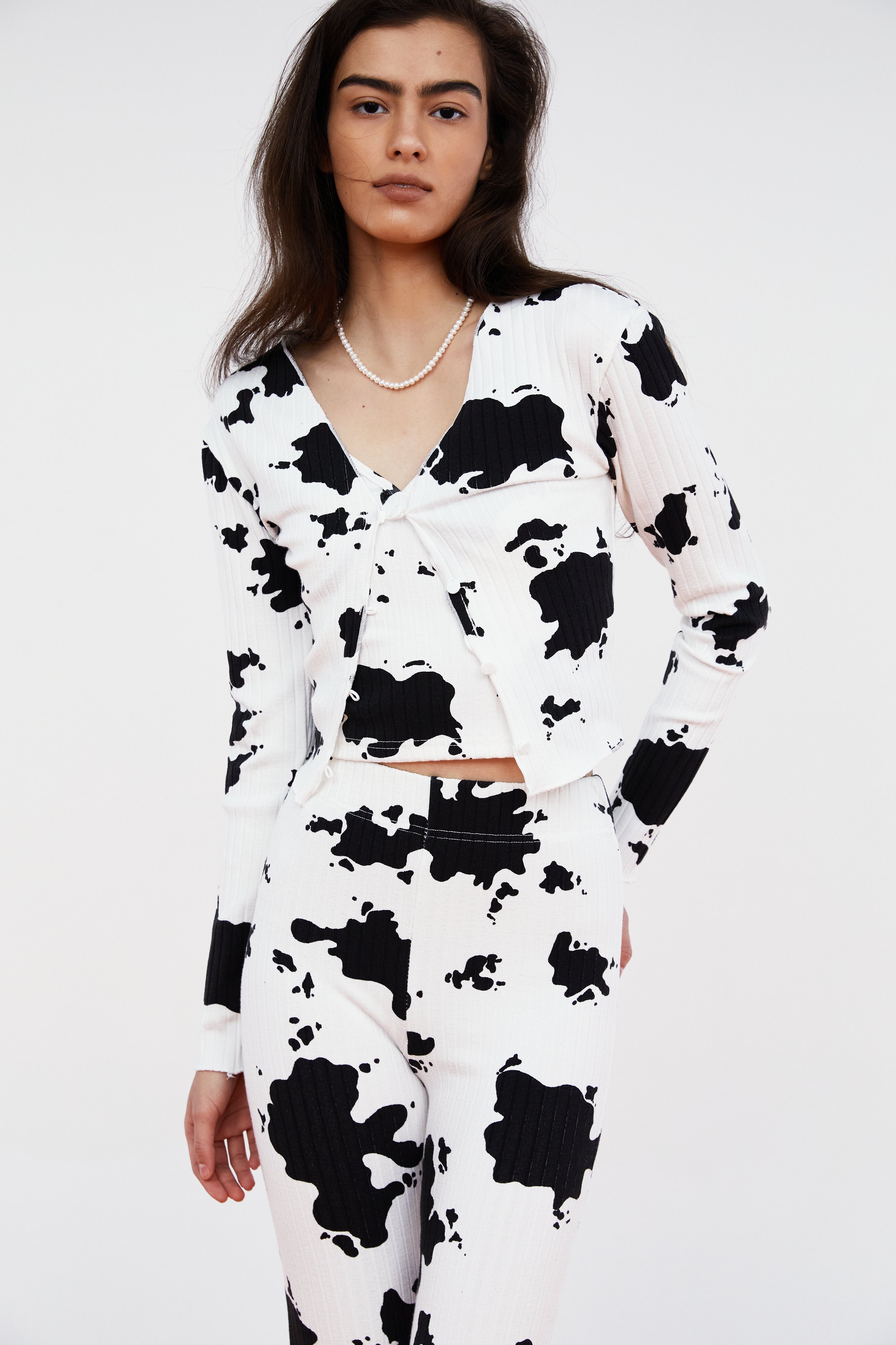 Cow Print Rib Cardigan, White