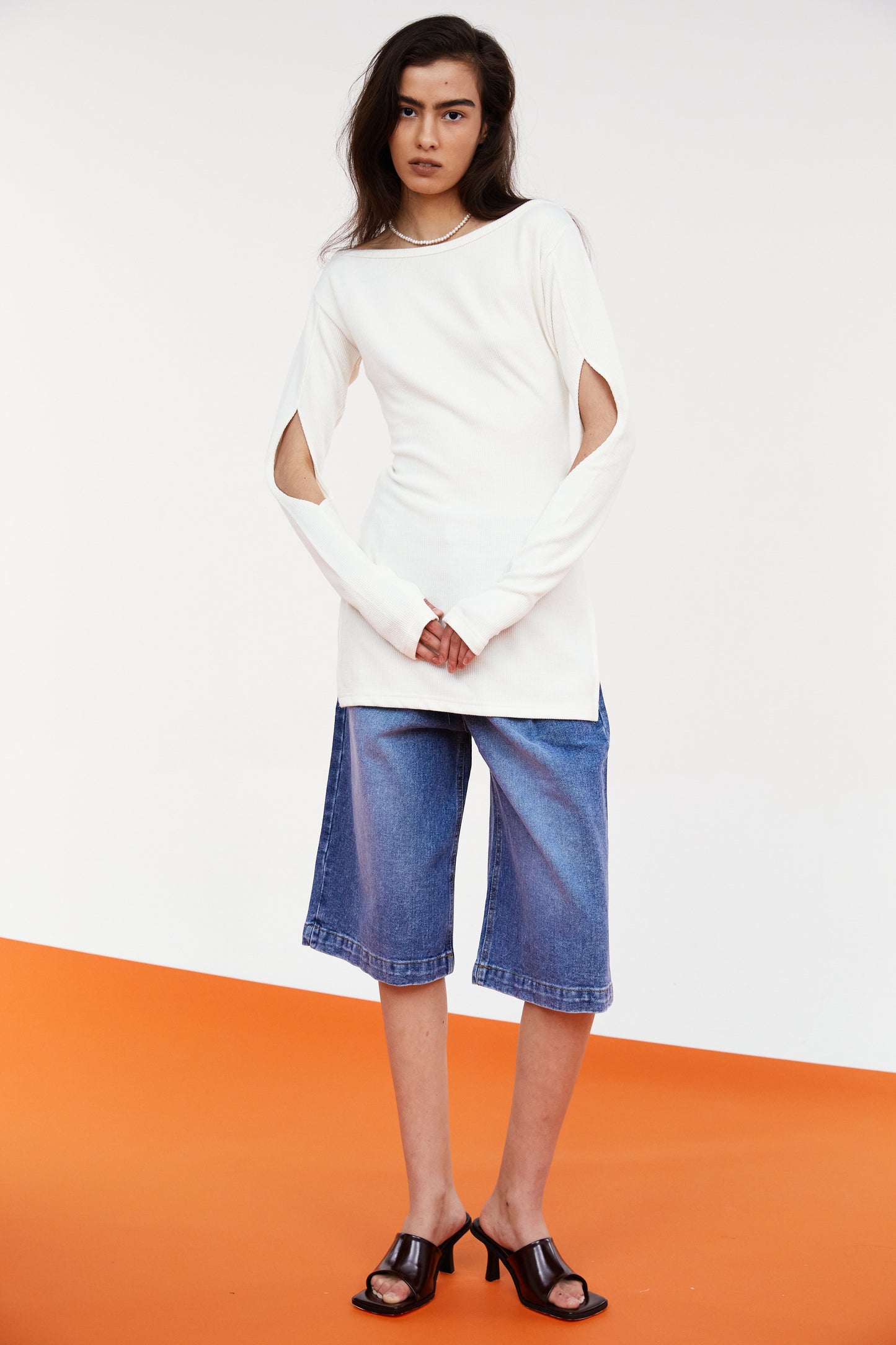 Cutout Sleeves Ribbed Tee, Snow White