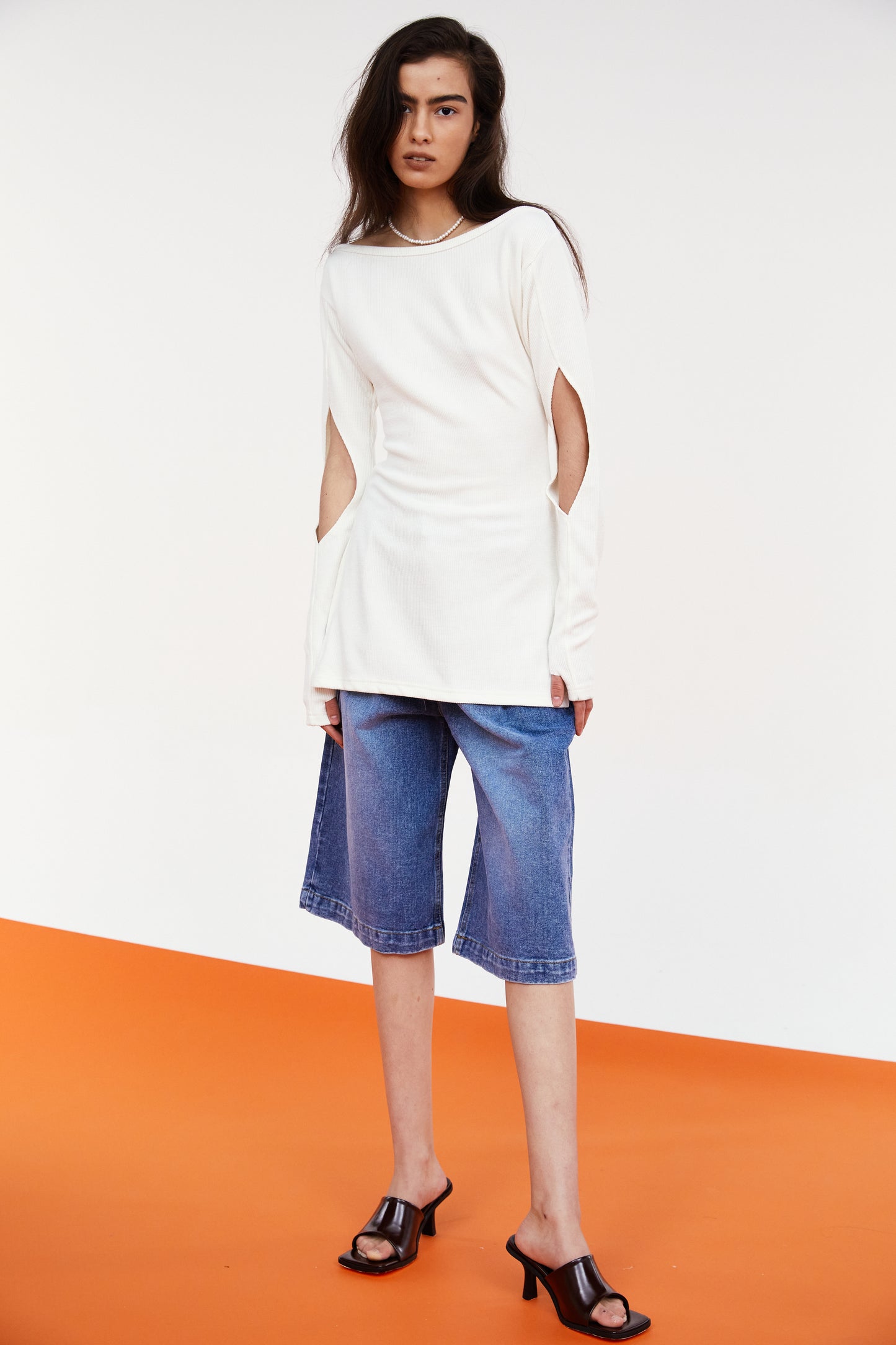 Cutout Sleeves Ribbed Tee, Snow White