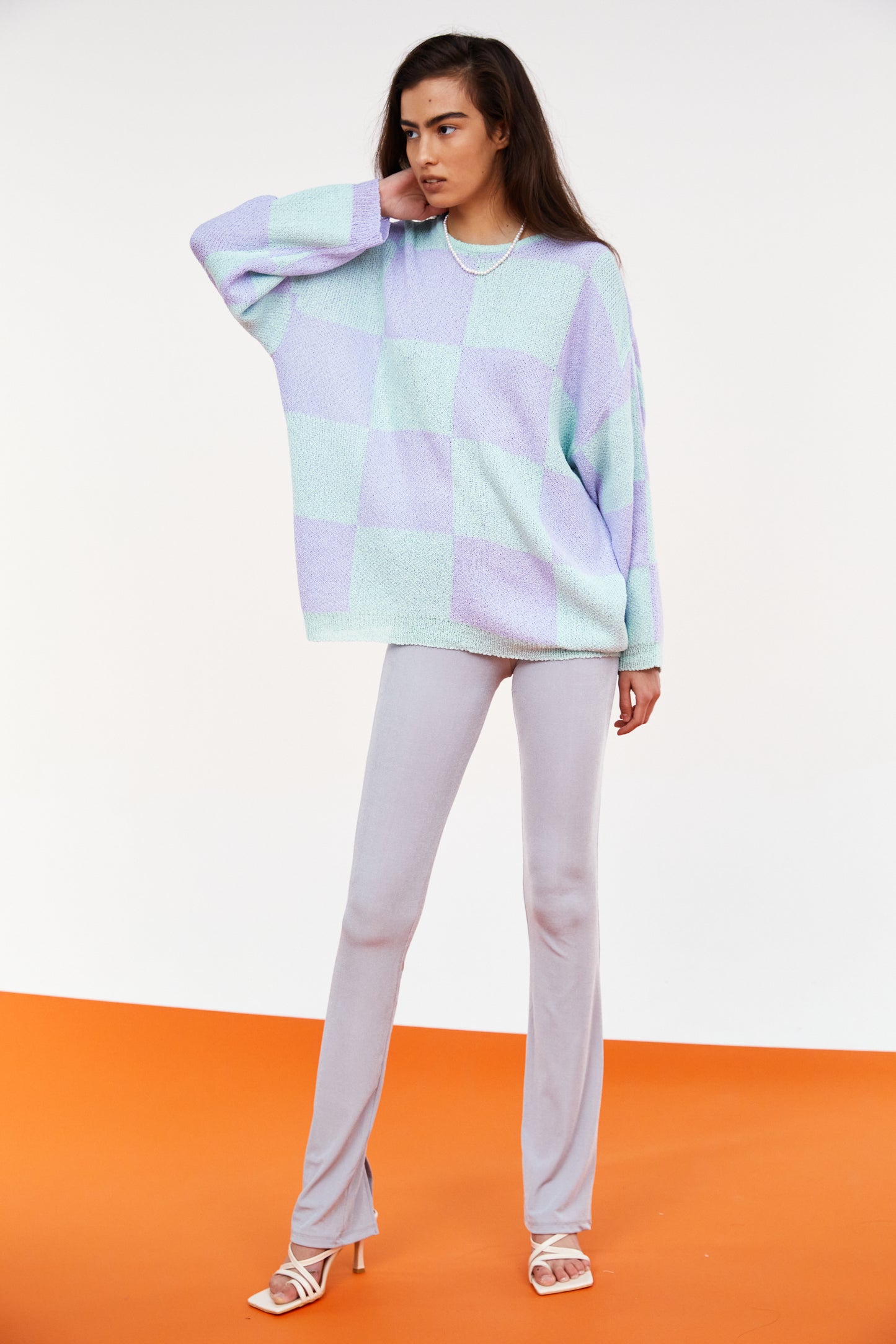 Checkerboard Loose Pullover, Mint & Lilac