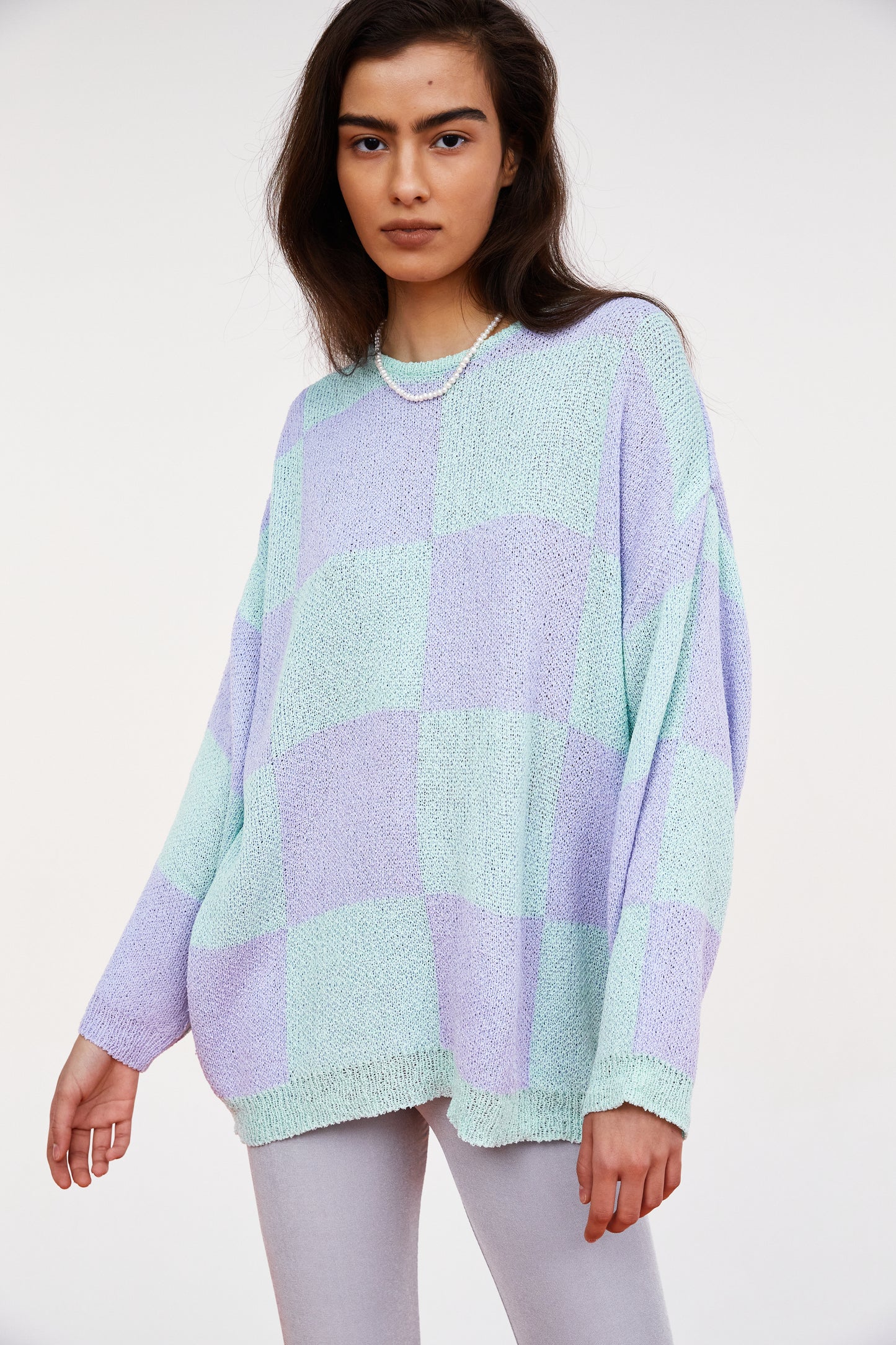 Checkerboard Loose Pullover, Mint & Lilac